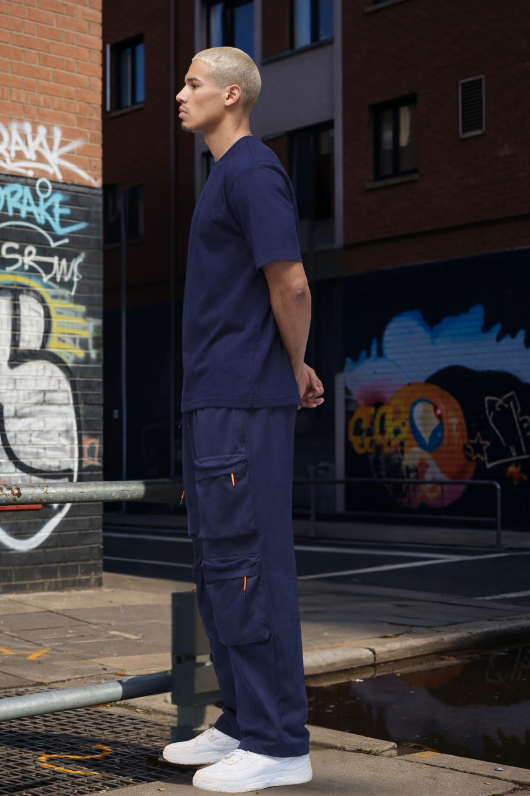 Men Navy Blue T-Shirt with Cargo Pants Co-Ord Set