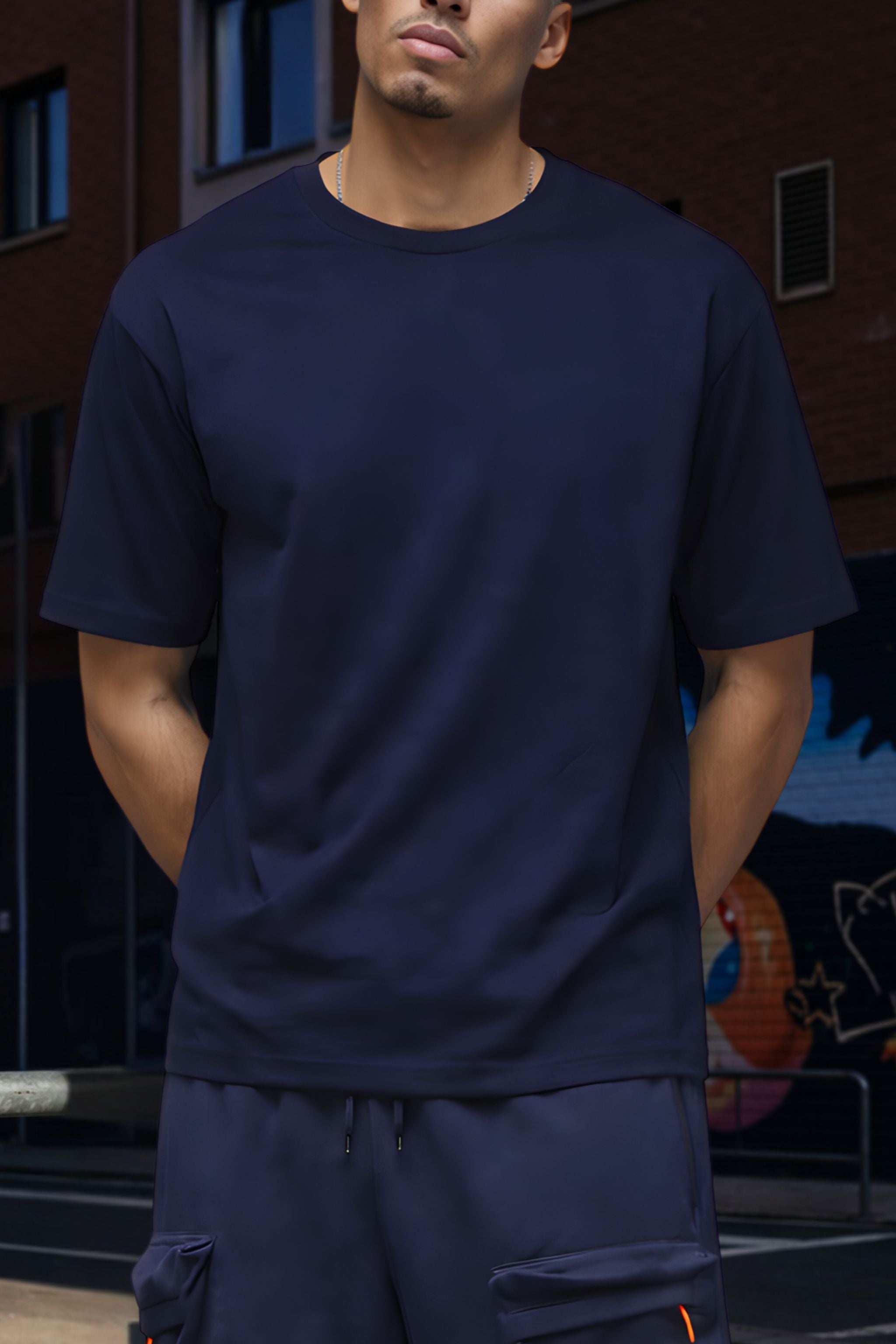 Men Navy Blue T-Shirt with Cargo Pants Co-Ord Set