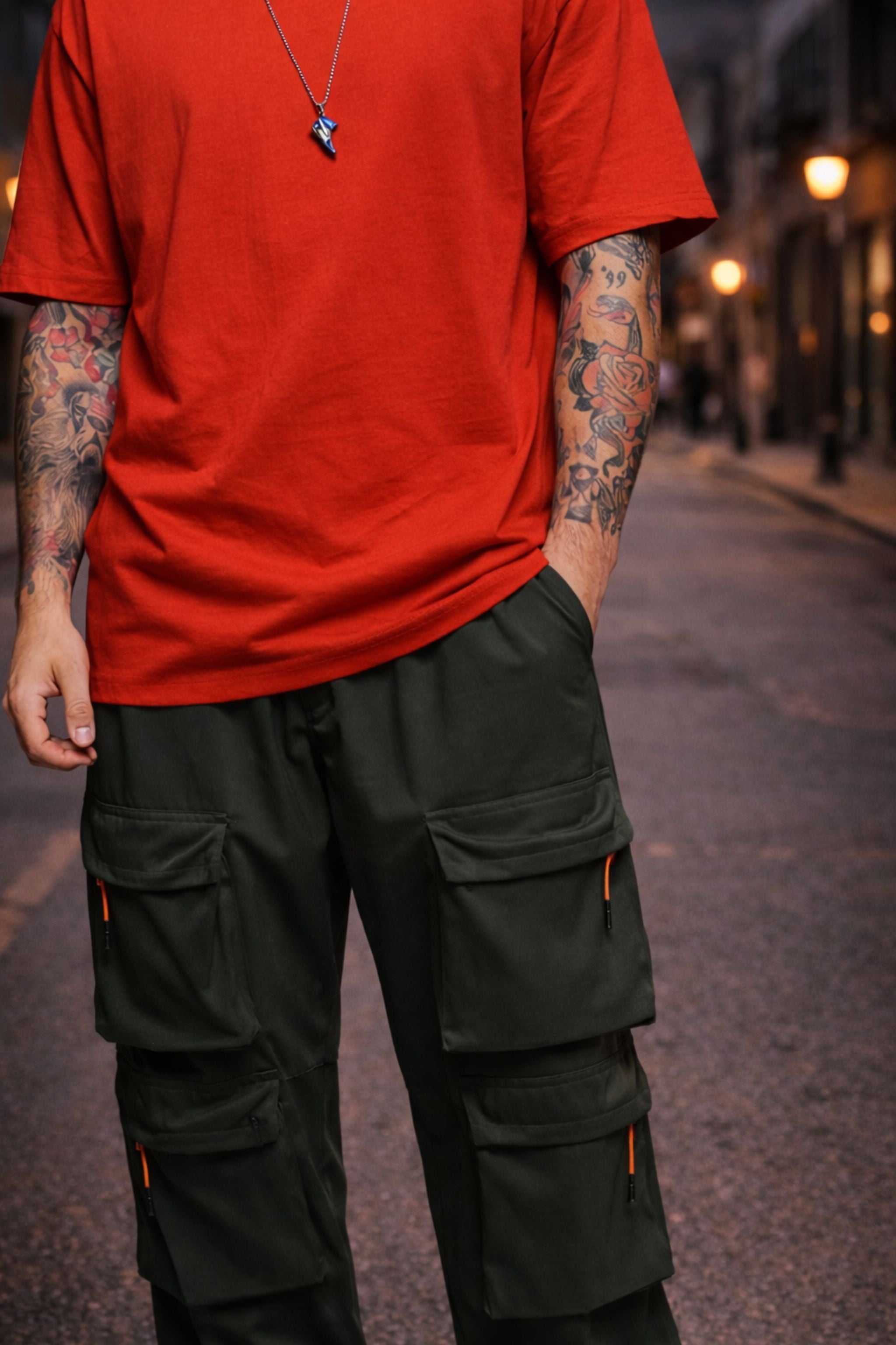 Men Red Oversized T-Shirt with Black Cargo Pants Co-Ord Set