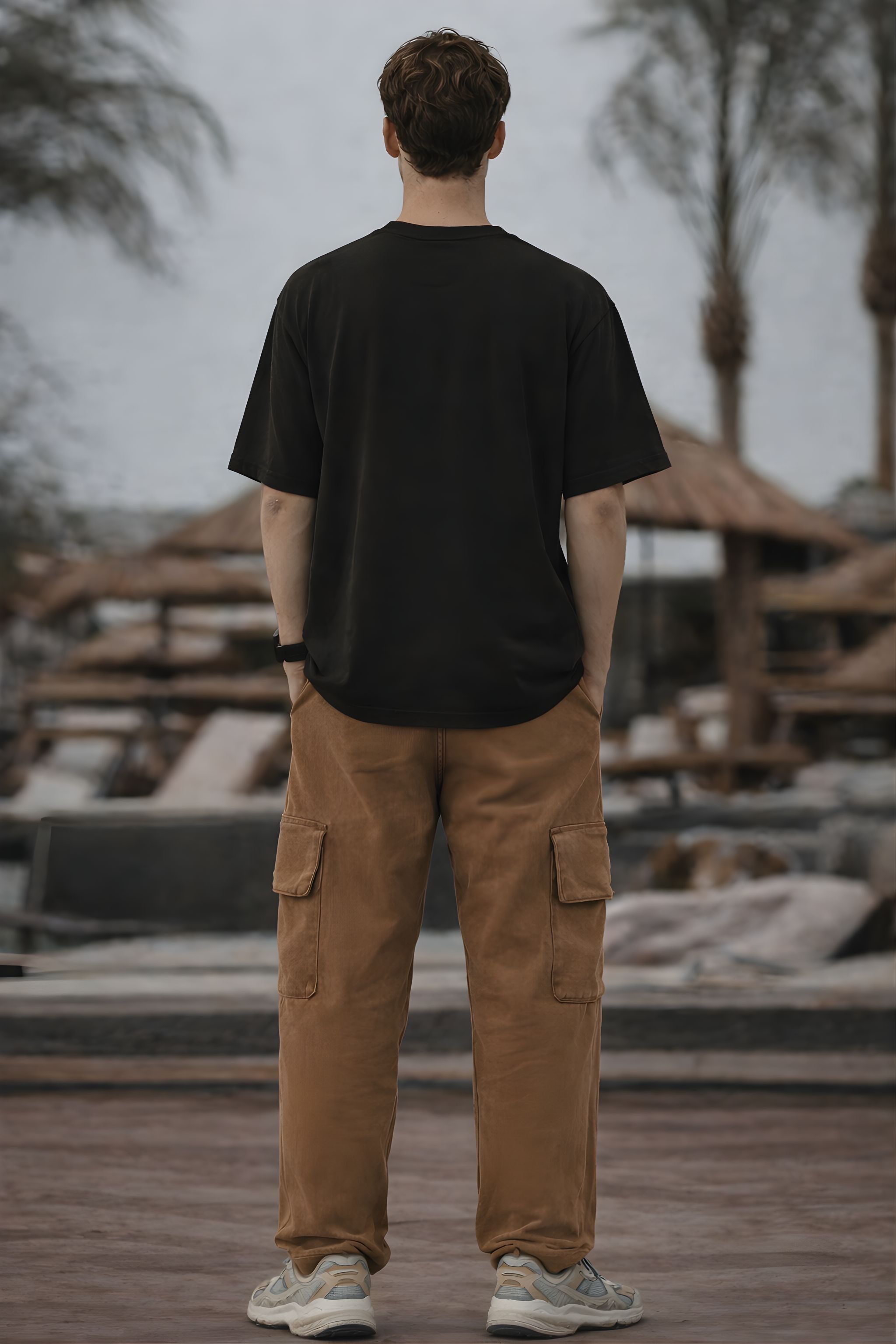 Men Black Graphic T-Shirt & Brown Cargo Pants Co-Ord Set