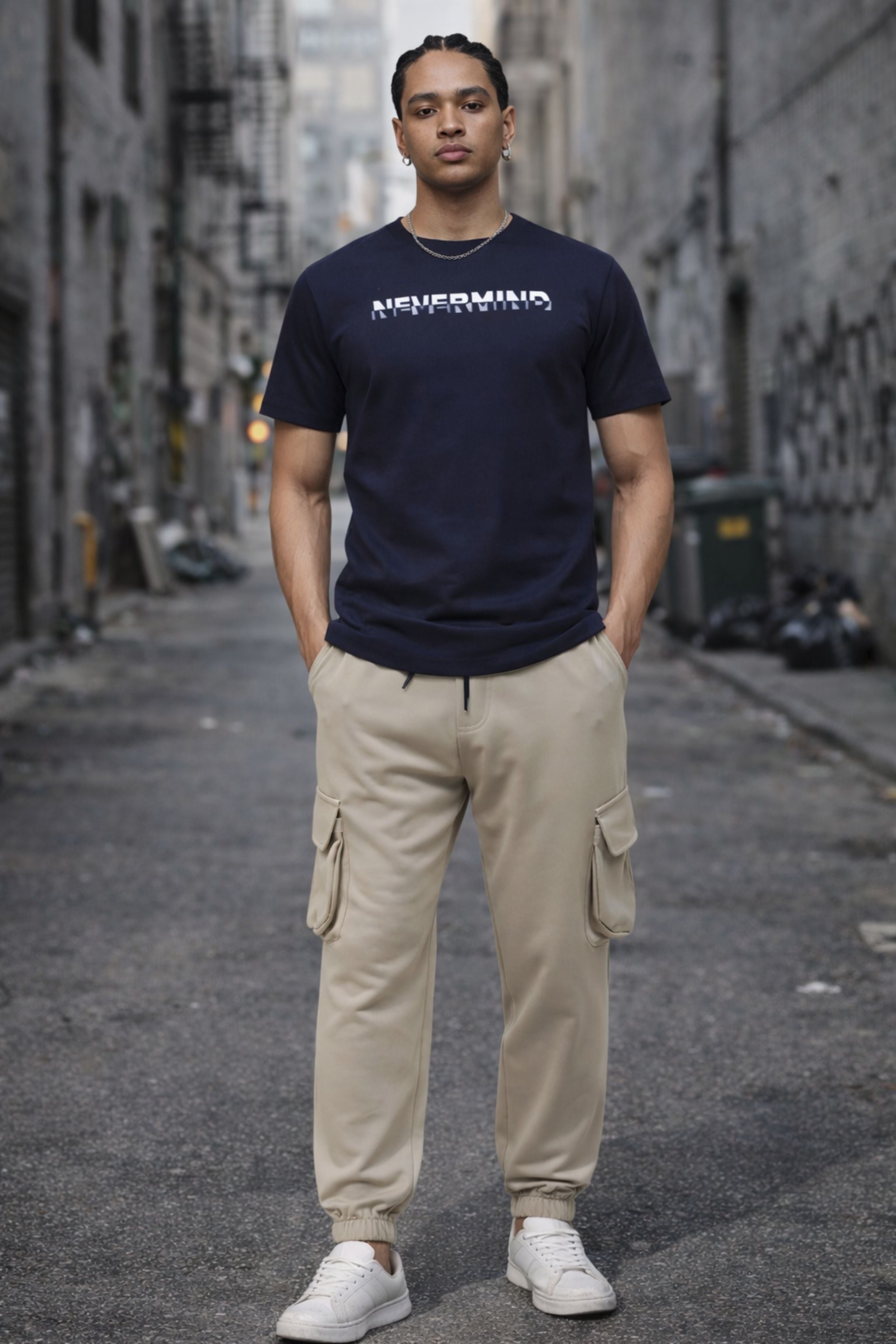 Men Navy Graphic Printed T-Shirt with Beige Cargo Joggers Co-Ord Set