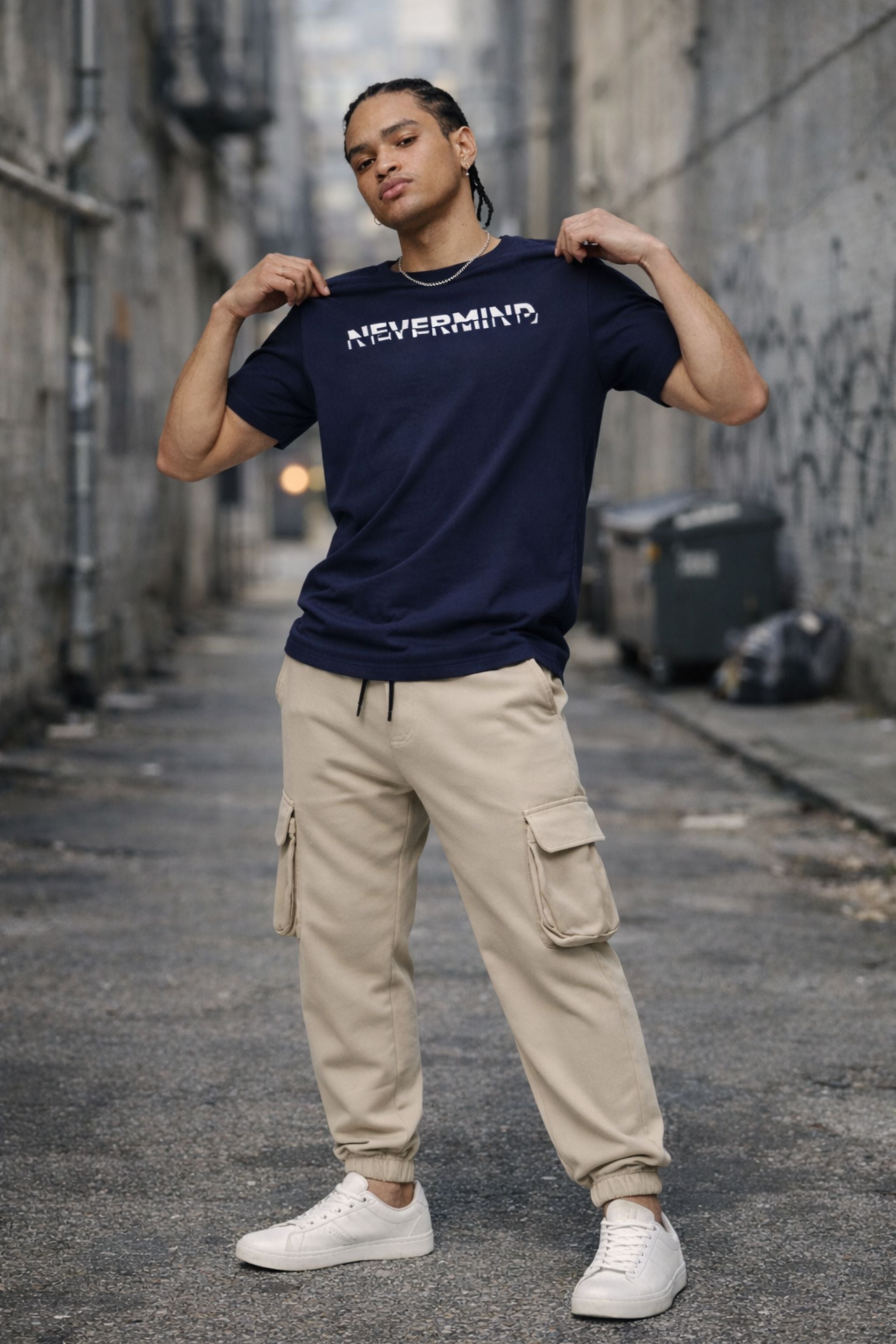 Men Navy Graphic Printed T-Shirt with Beige Cargo Joggers Co-Ord Set