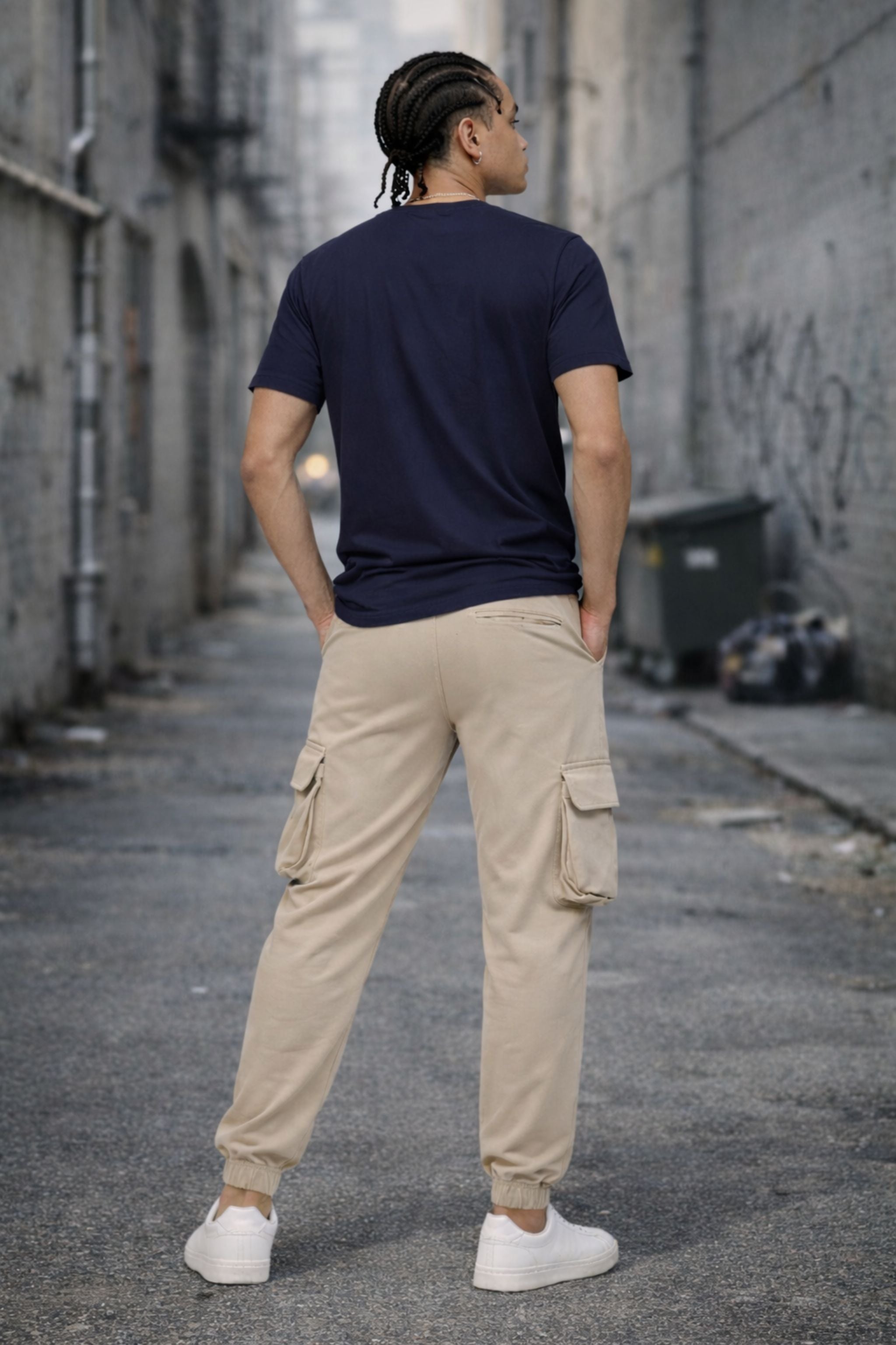 Men Navy Graphic Printed T-Shirt with Beige Cargo Joggers Co-Ord Set