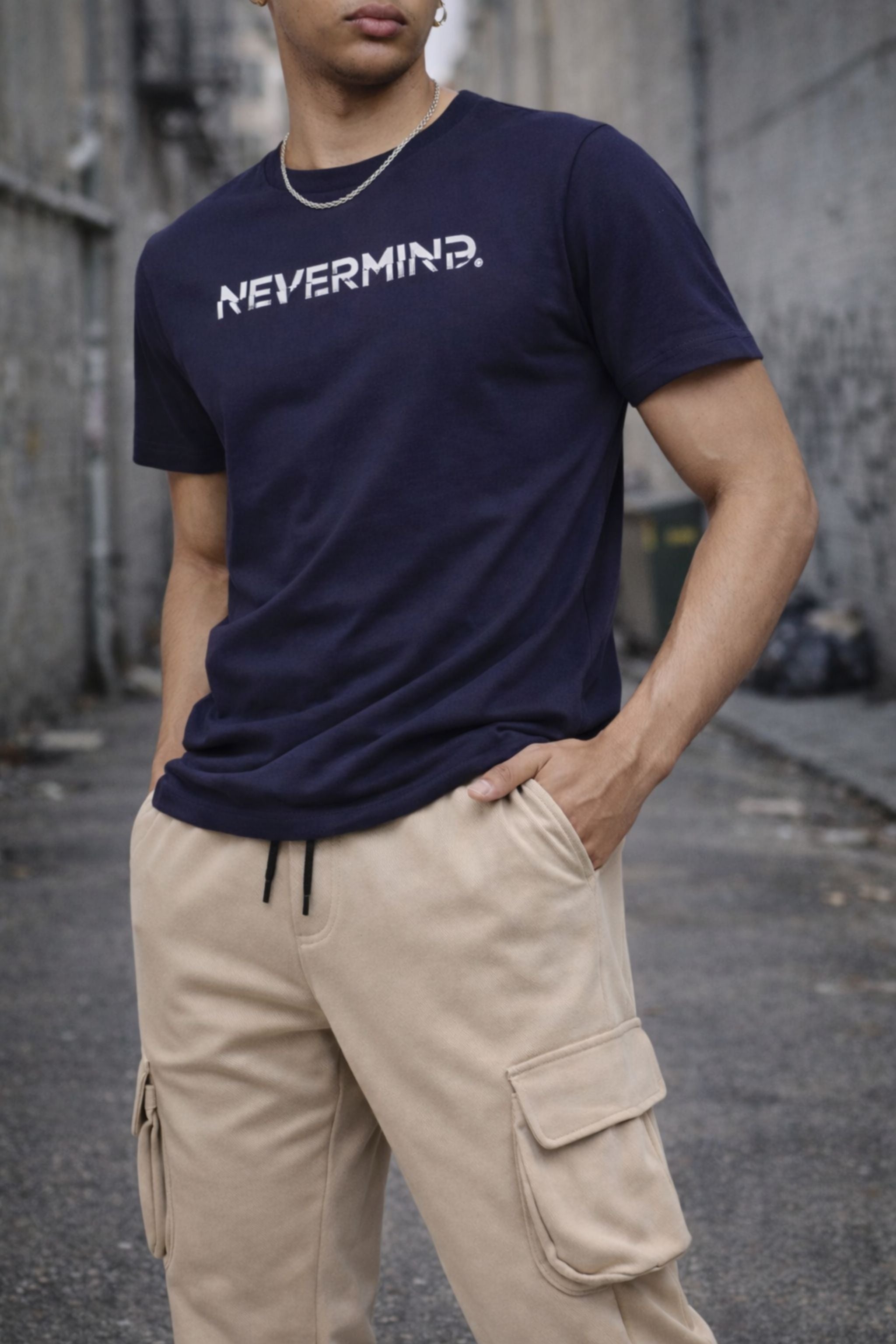 Men Navy Graphic Printed T-Shirt with Beige Cargo Joggers Co-Ord Set