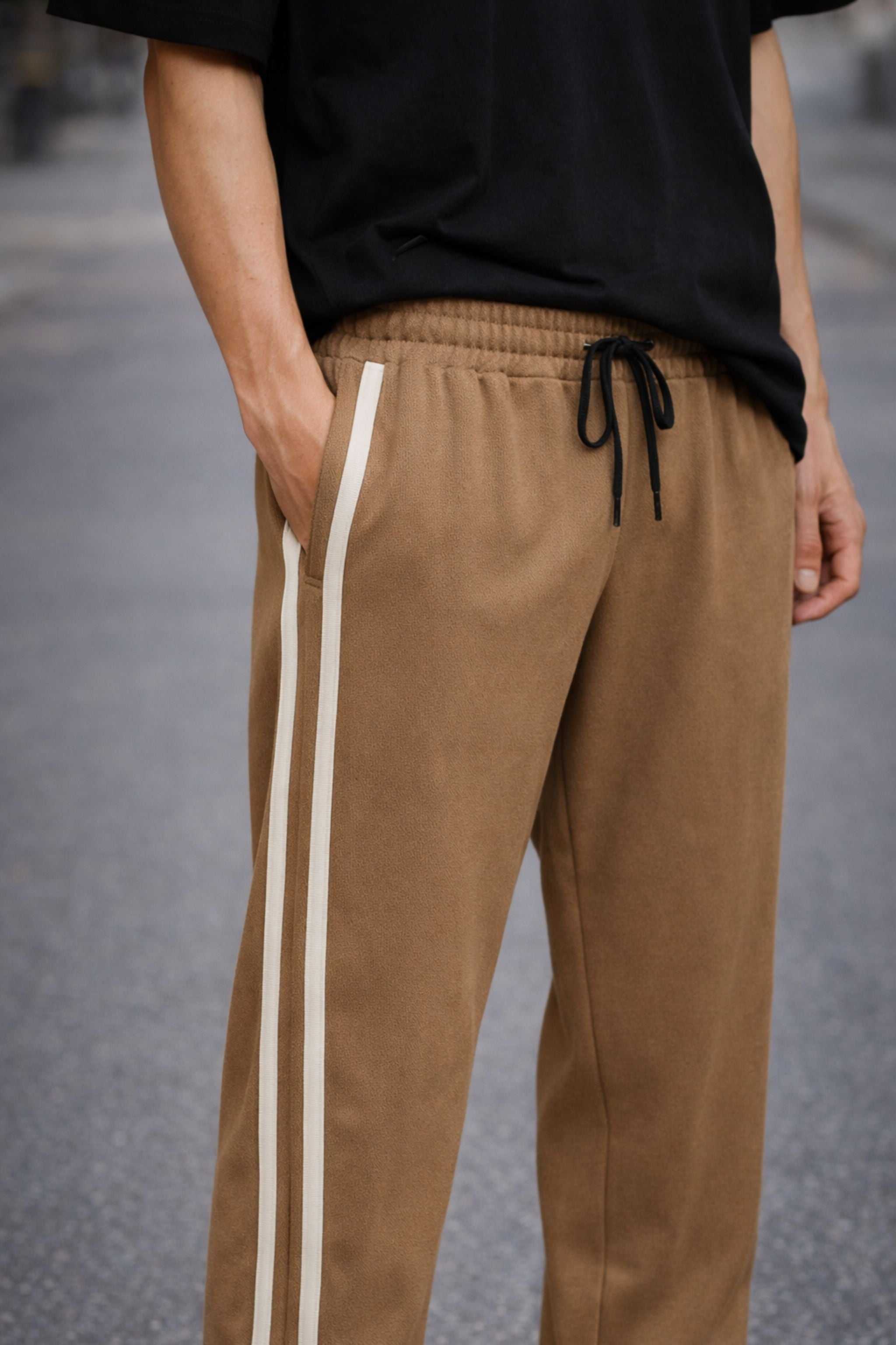Men Black Oversized T-Shirt & Brown Striped Track Pants Co-Ord Set