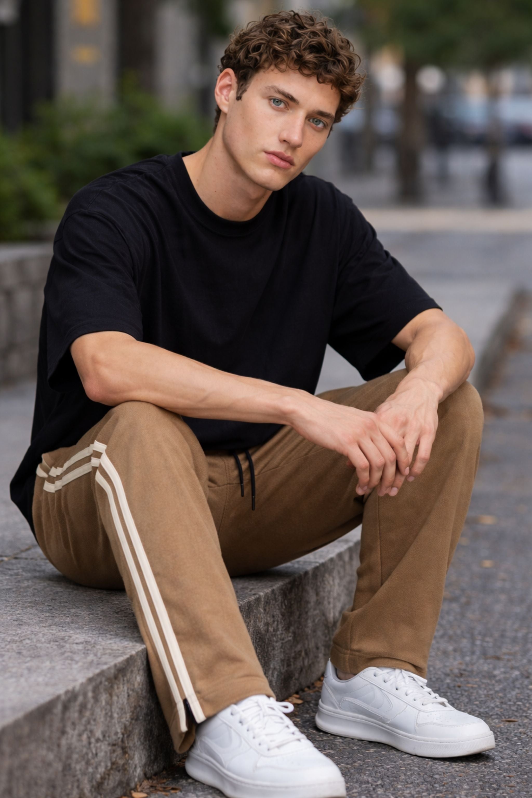 Men Black Oversized T-Shirt & Brown Striped Track Pants Co-Ord Set