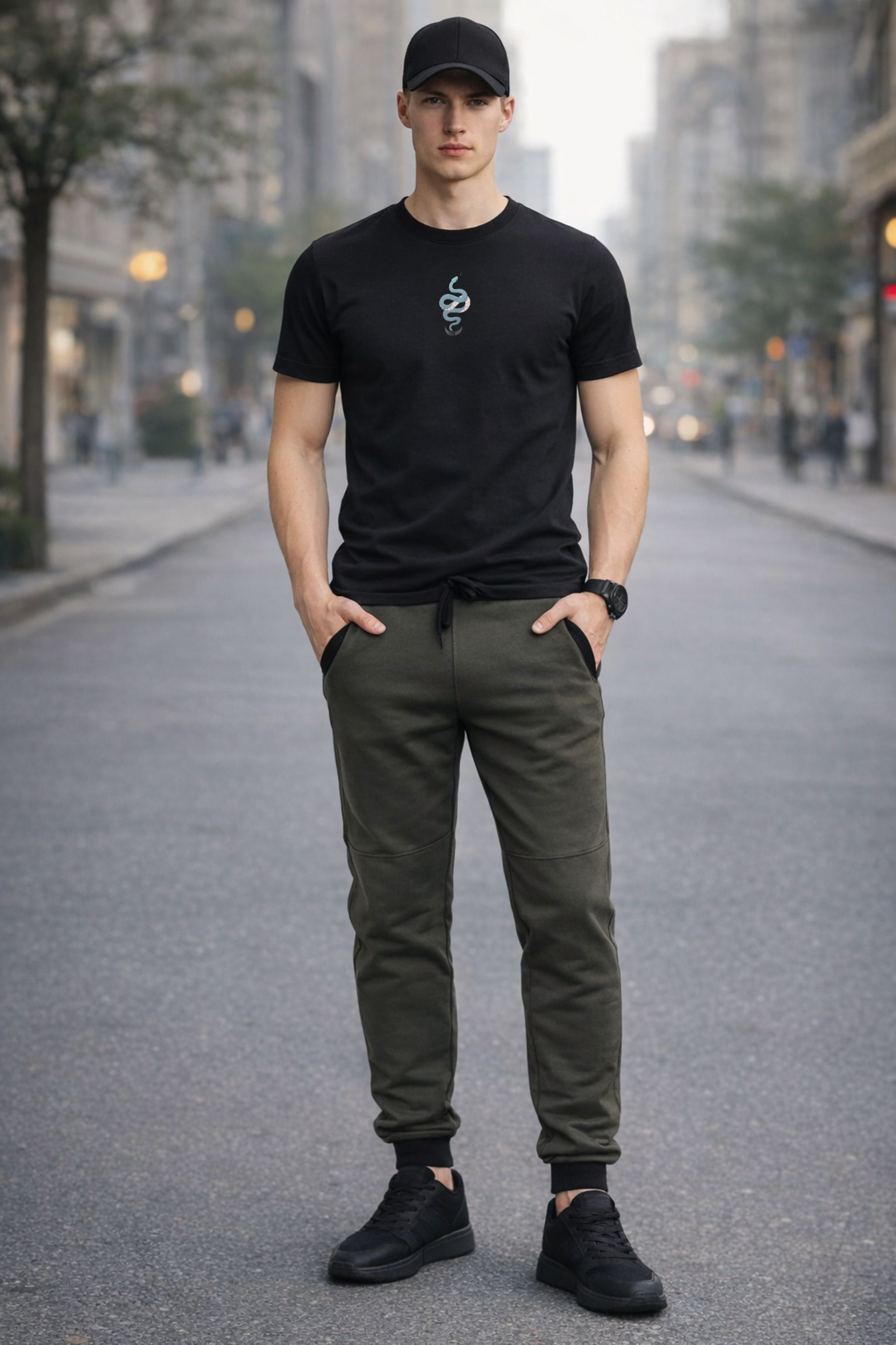 Men Black Graphic T-Shirt & Olive Jogger Co-Ord Set