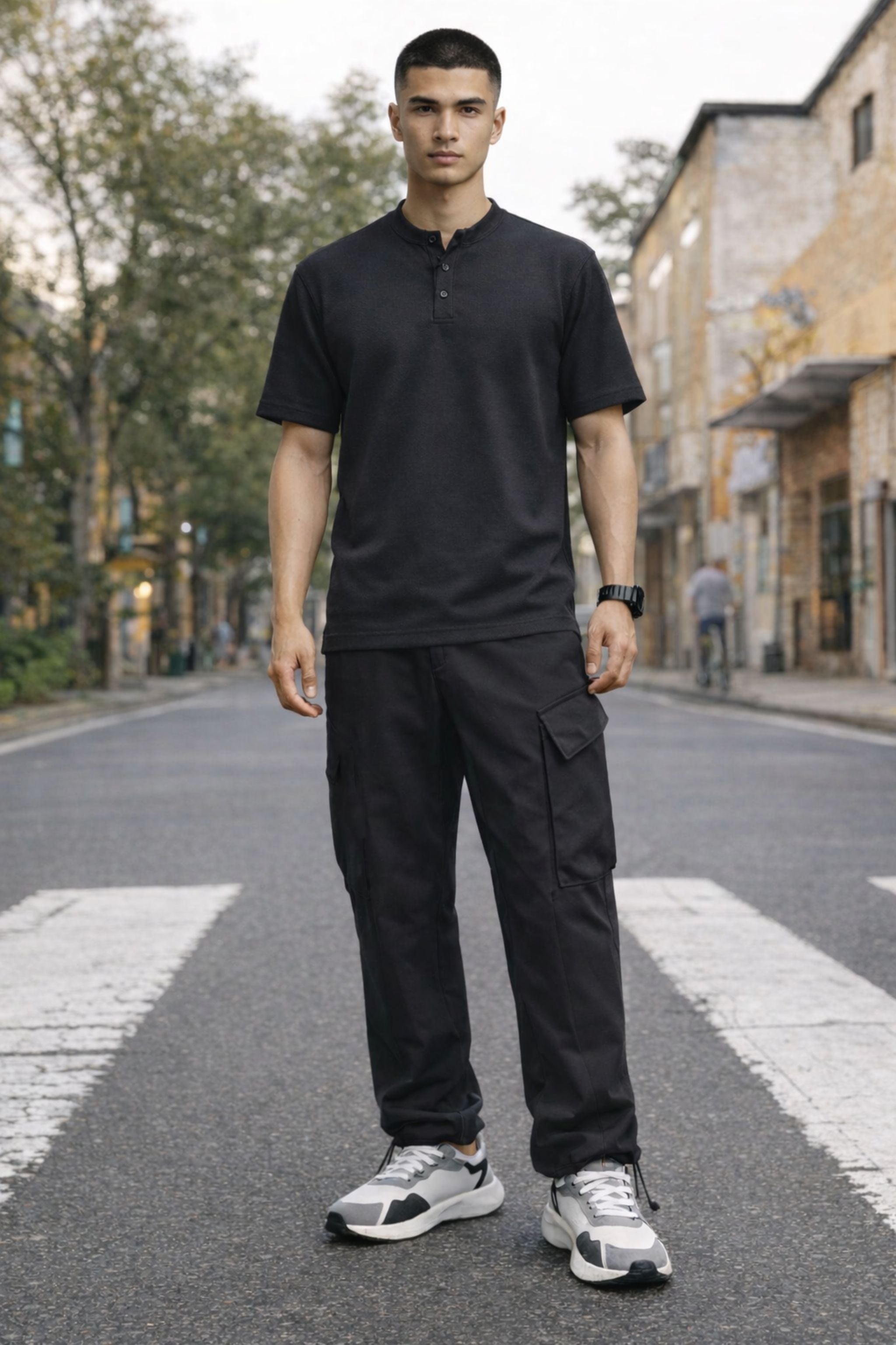 Men Black Henley T-Shirt & Cargo Jogger Co-Ord Set
