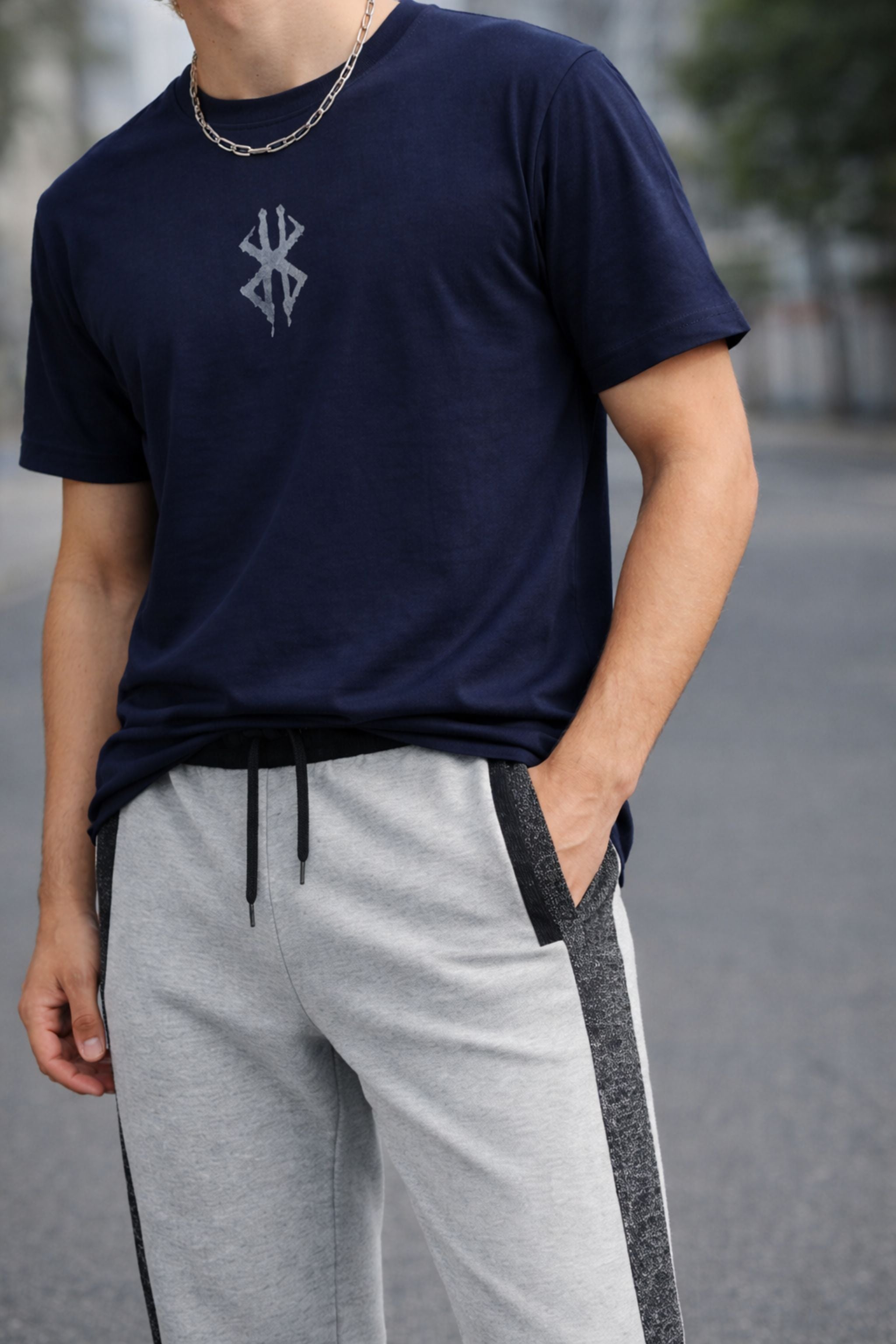 Men Athleisure Co-Ord Set with Navy Graphic T-Shirt and Grey Side-Stripe Track Pants