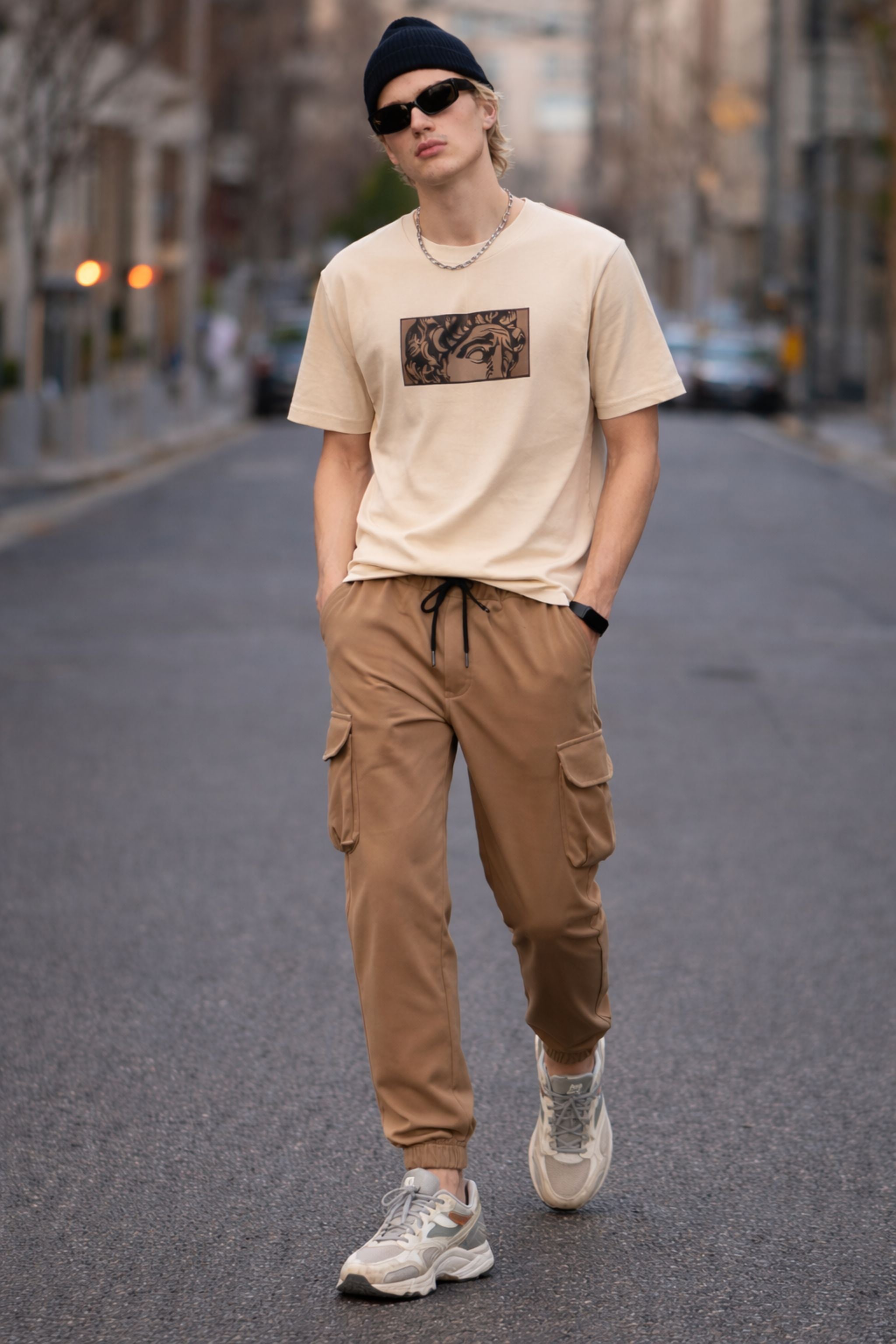 Men Beige Graphic T-Shirt & Cargo Jogger Co-Ord Set