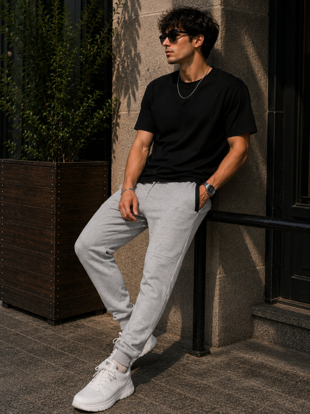 Men's Solid Grey Melange Regular Fit Joggers