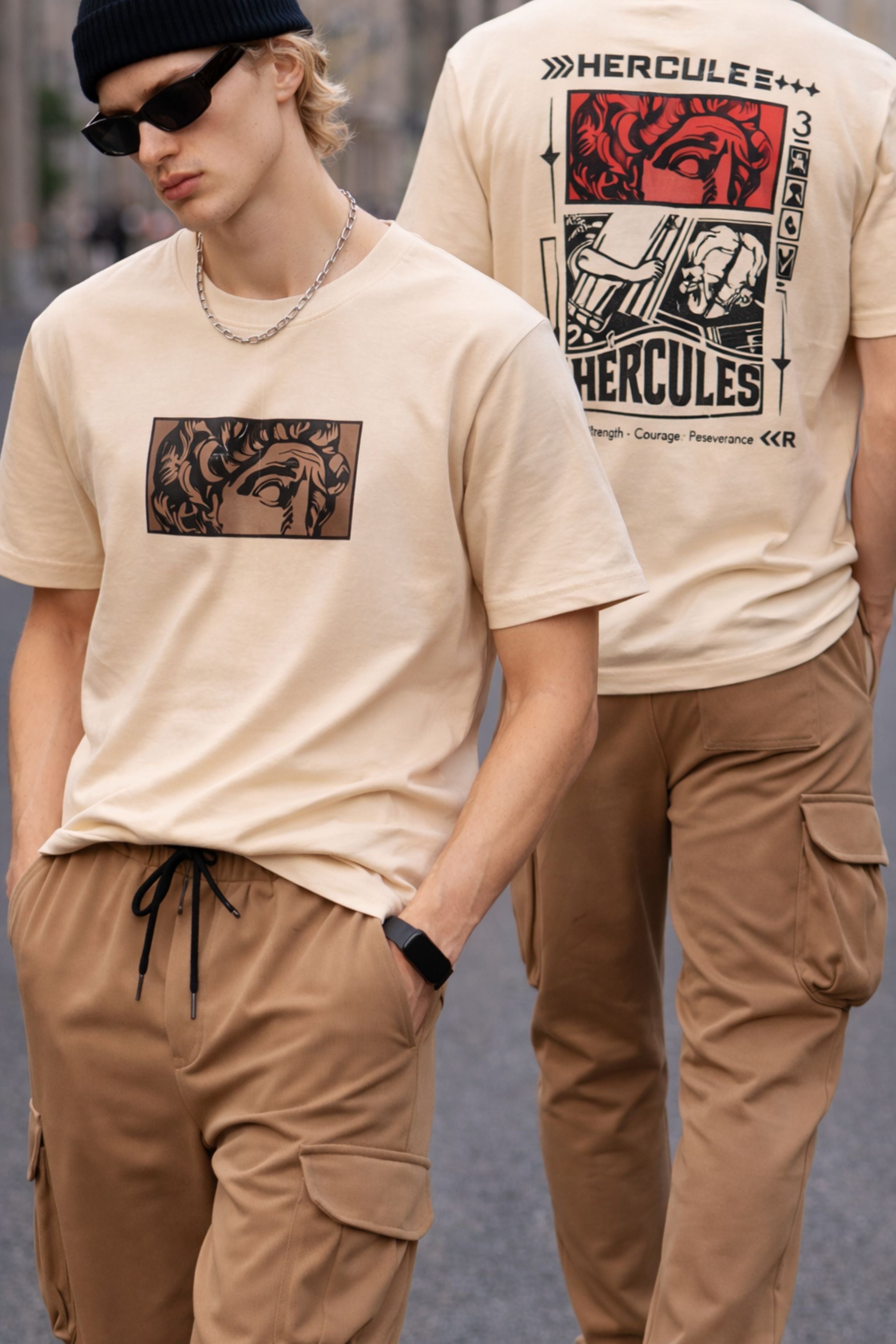 Men Beige Graphic T-Shirt & Cargo Jogger Co-Ord Set