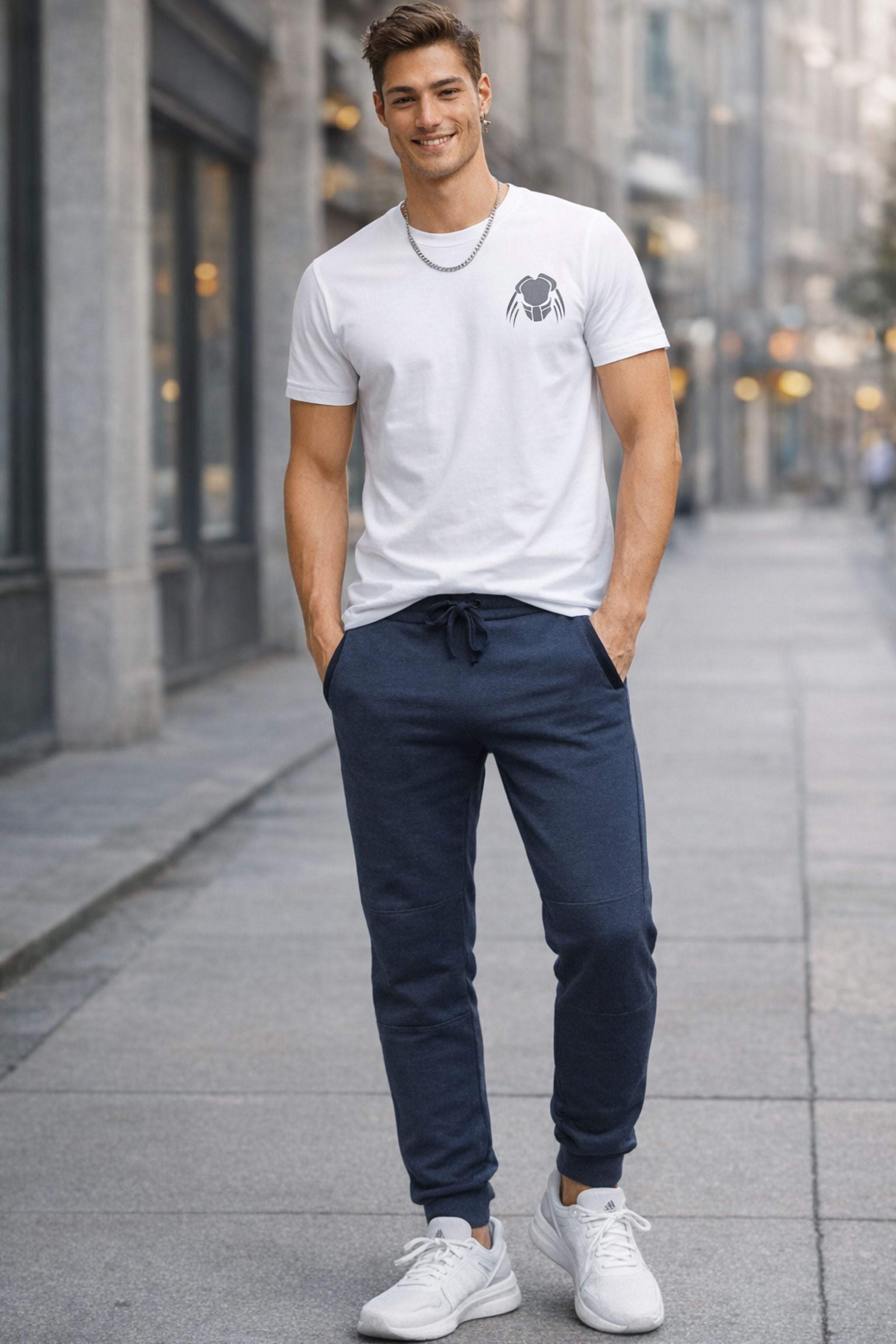 Men White Printed T-Shirt with Navy Blue Joggers Co-Ord Set