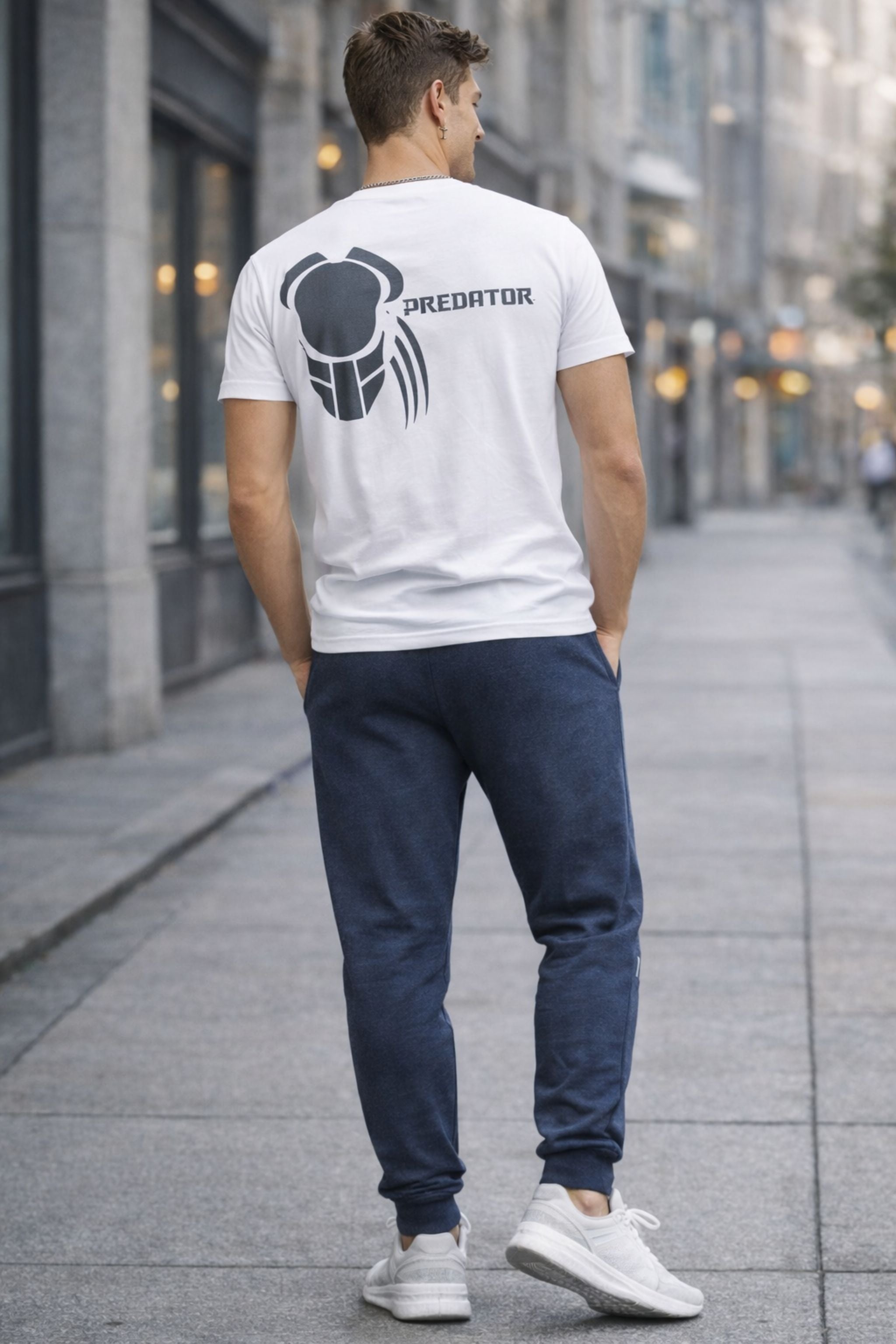 Men White Printed T-Shirt with Navy Blue Joggers Co-Ord Set