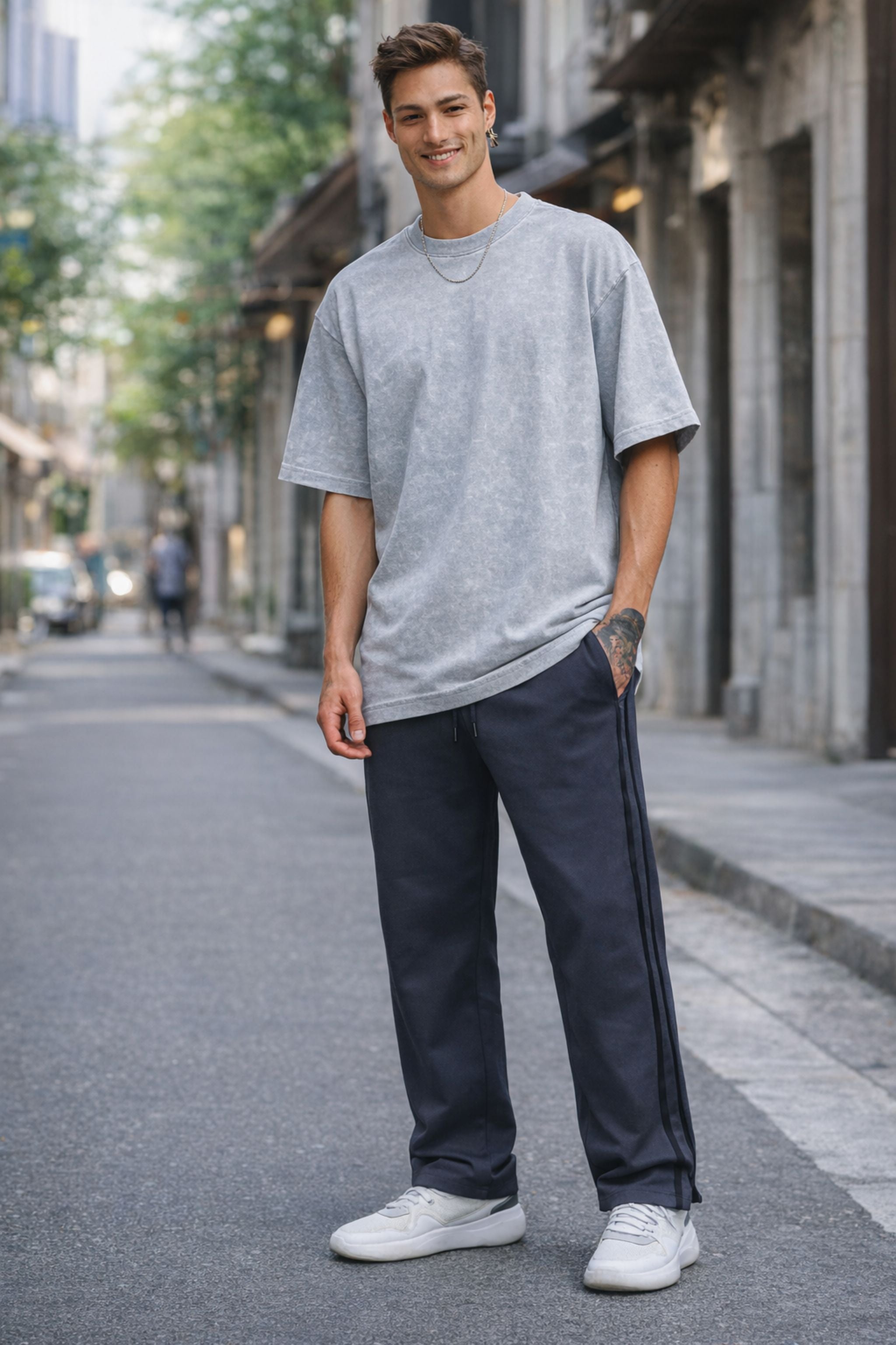 Men Minimal Relaxed Fit Co-Ord Set with Oversized Grey T-Shirt and Track Pants