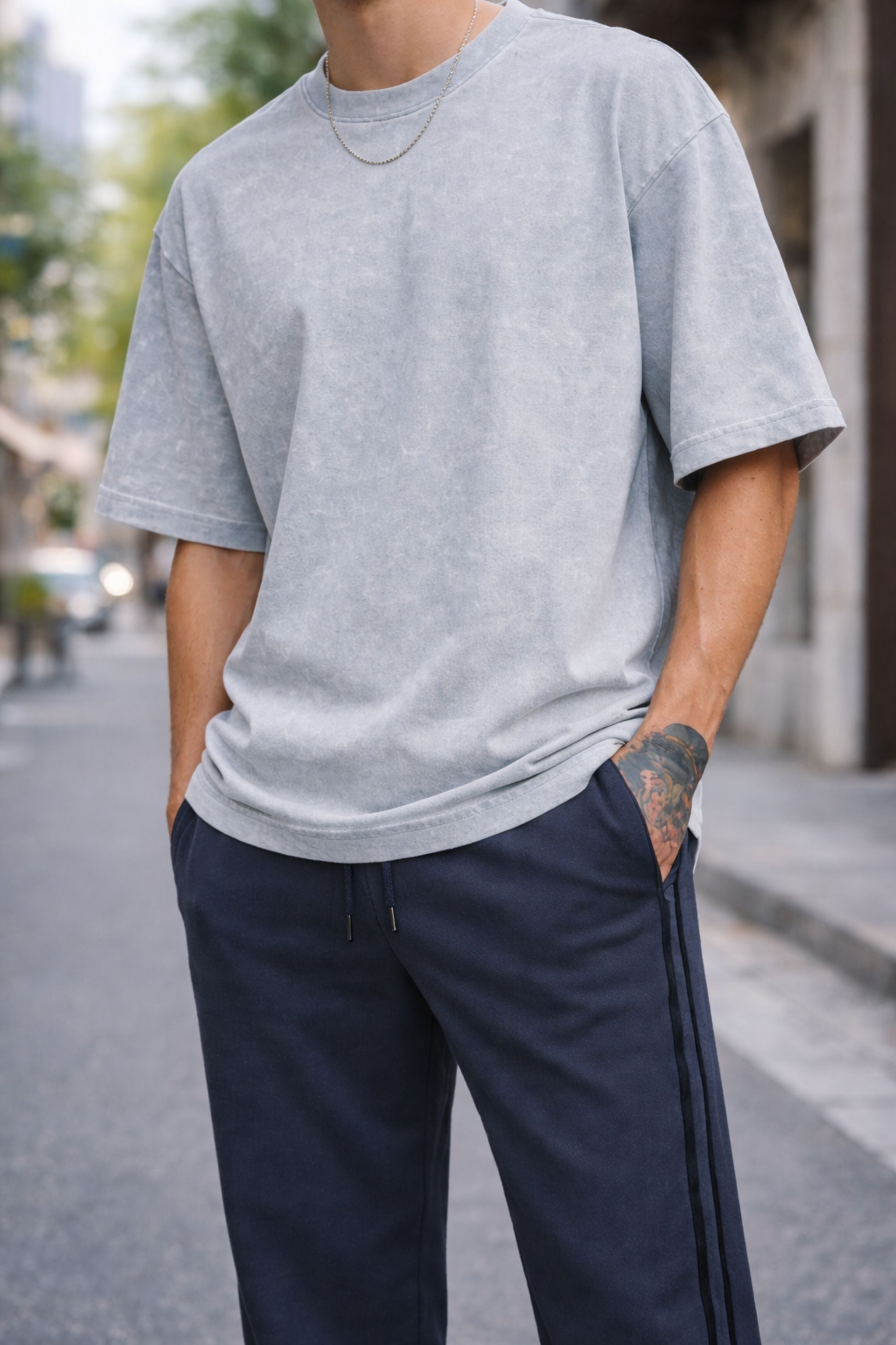 Men Minimal Relaxed Fit Co-Ord Set with Oversized Grey T-Shirt and Track Pants