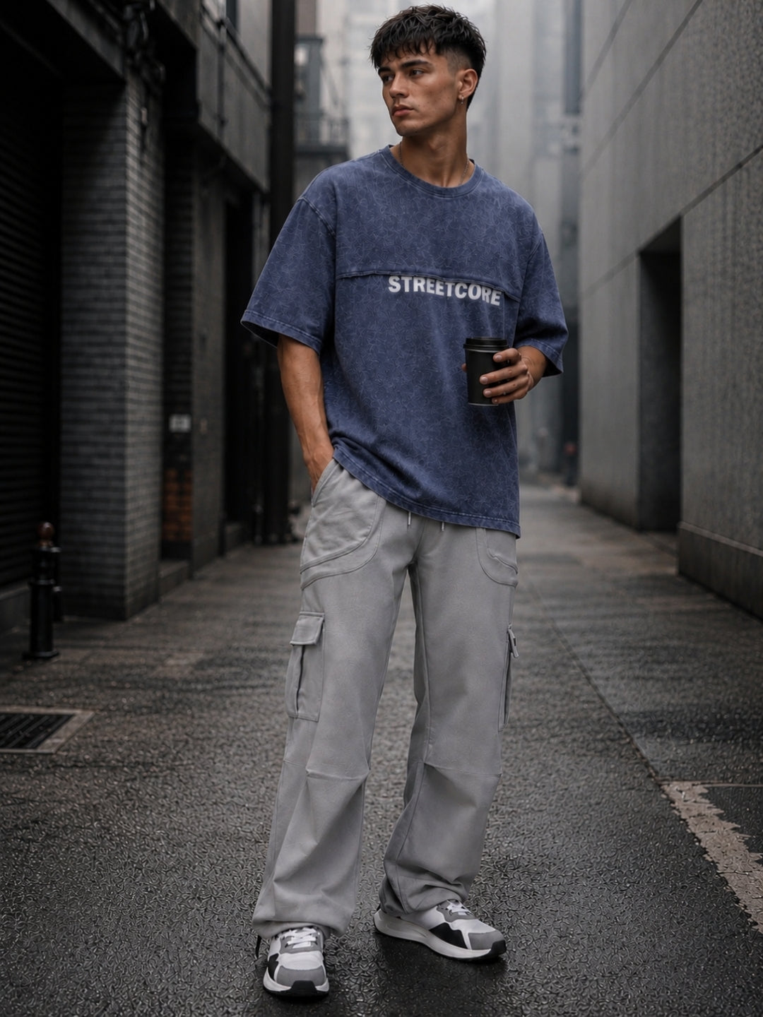 Men's Acid Wash Oversized T-Shirt & Cargo Loose fit Track Pant Streetwear Co-ord Set