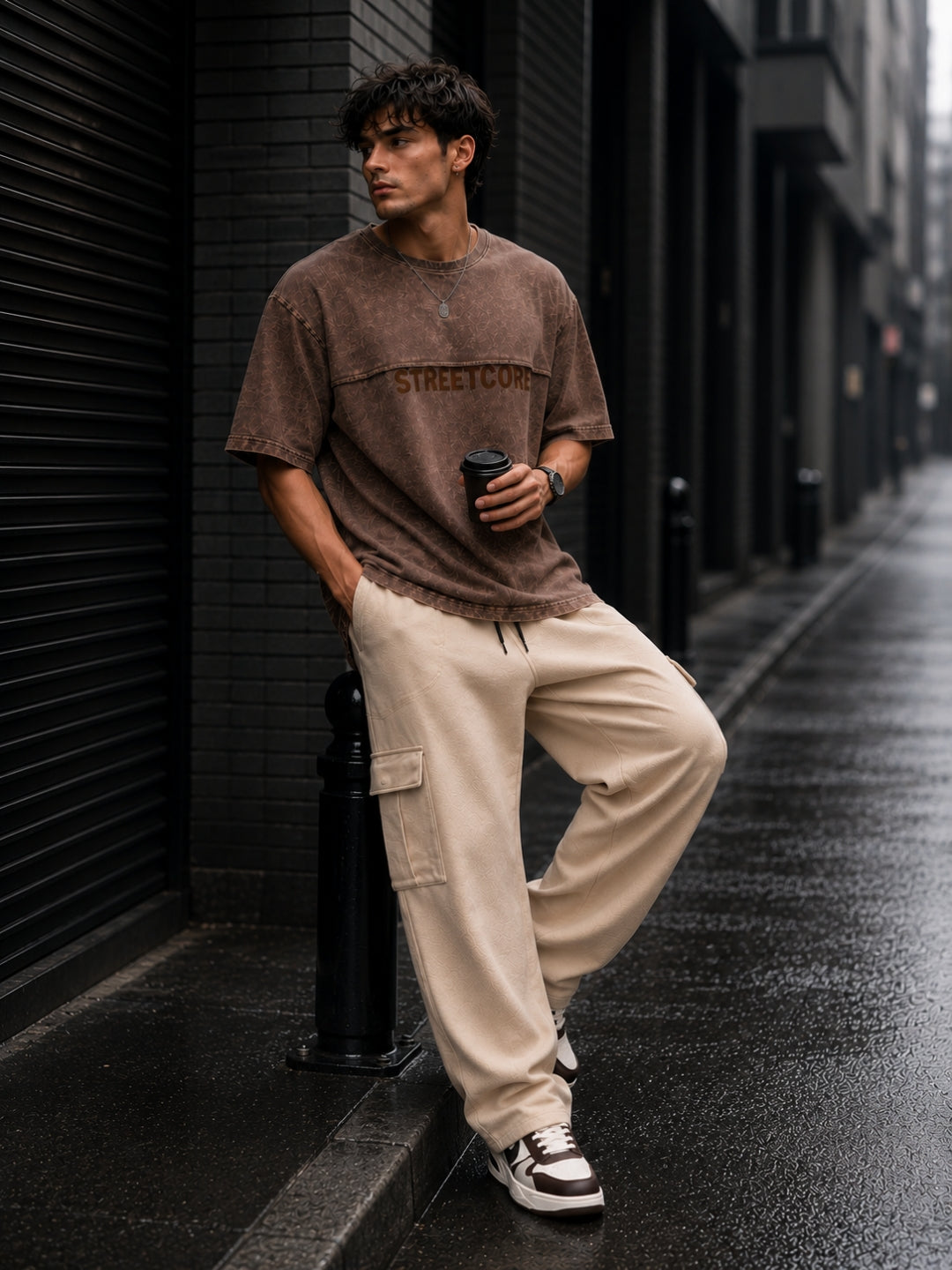 Men's Brown Acid Wash Oversized T-Shirt & Beige Cargo Loose fit Track Pant Streetwear Co-ord Set
