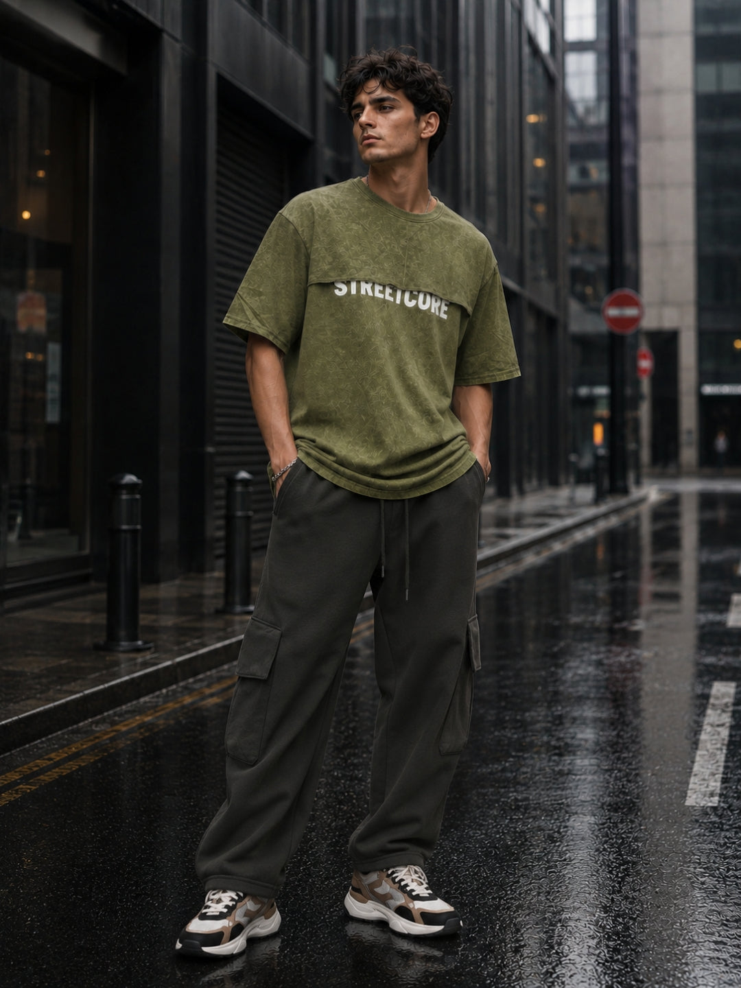 Men's Olive Acid Wash Oversized T-Shirt & Cargo Loose fit Track Pant Streetwear Co-ord Set