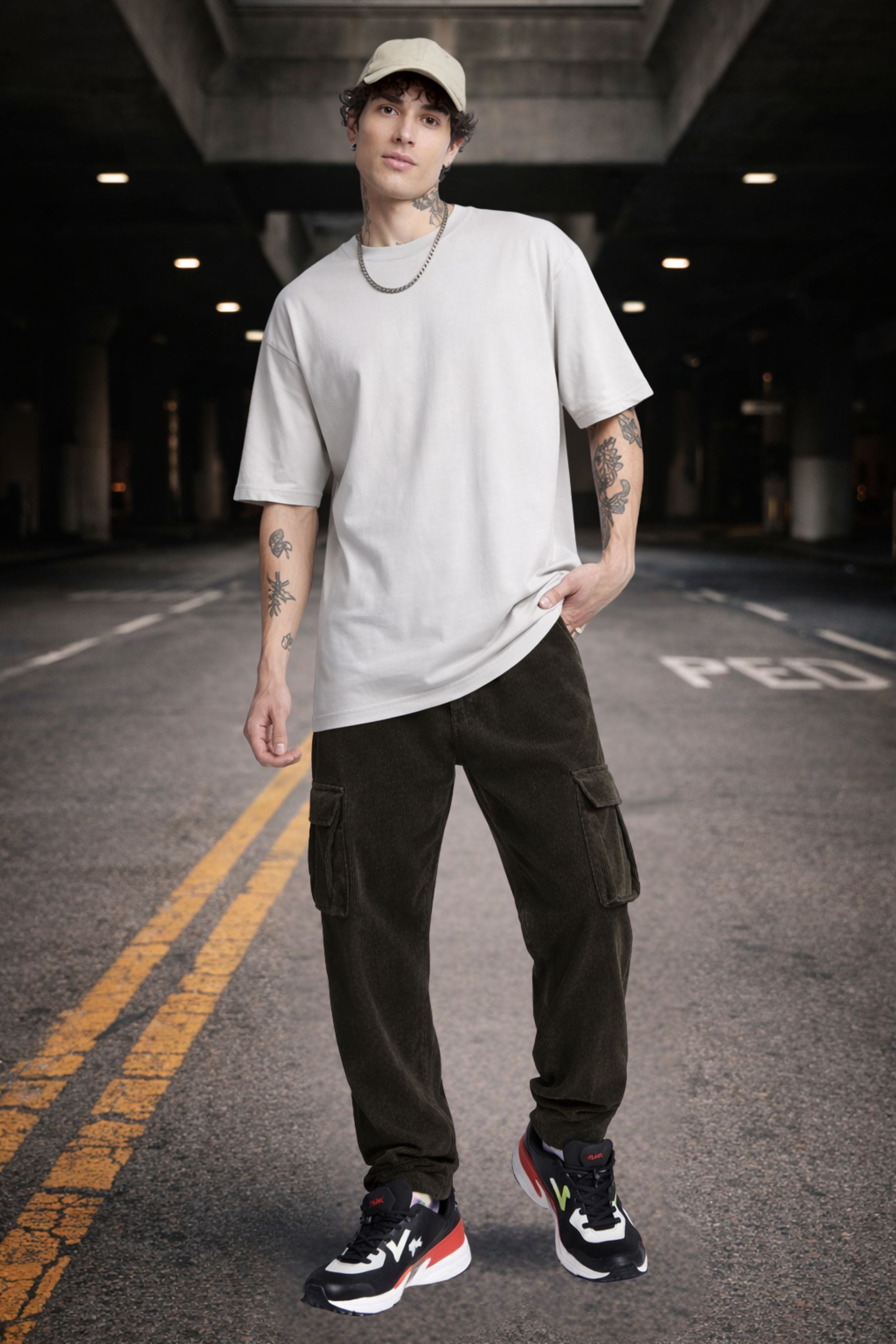 Men Grey Oversized T-Shirt & Cargo Pants Co-Ord Set
