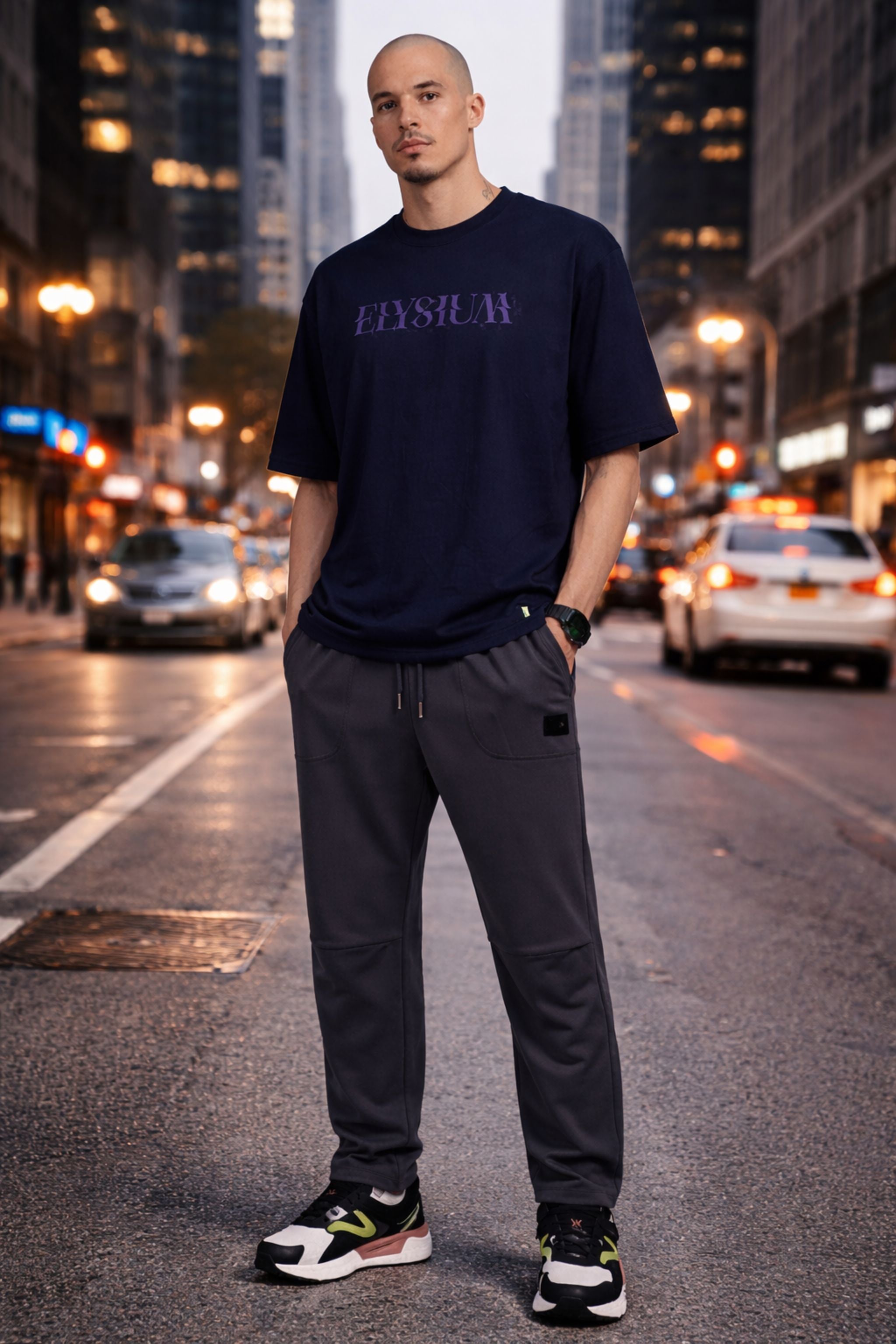 Men Urban Graphic Co-Ord Set with Navy Printed T-Shirt and Charcoal Track Pants