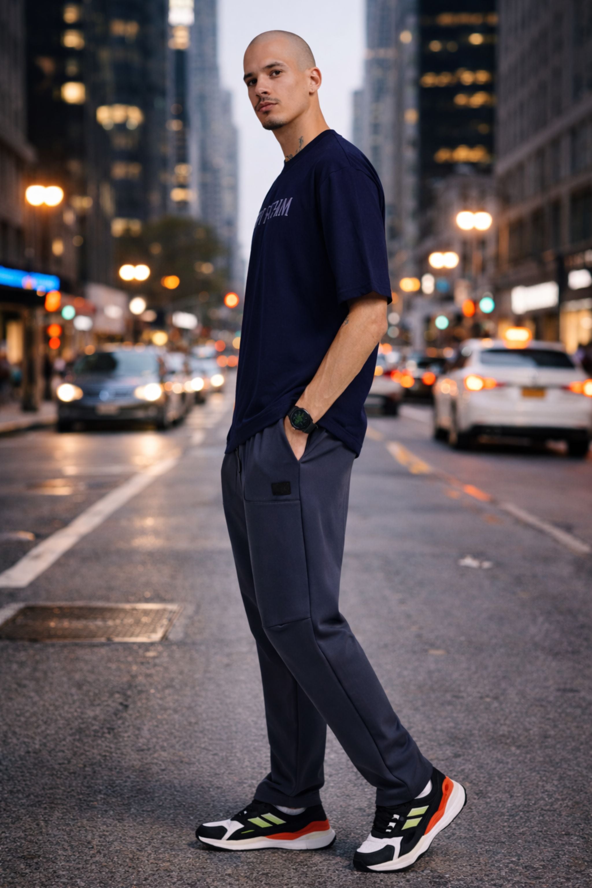 Men Urban Graphic Co-Ord Set with Navy Printed T-Shirt and Charcoal Track Pants