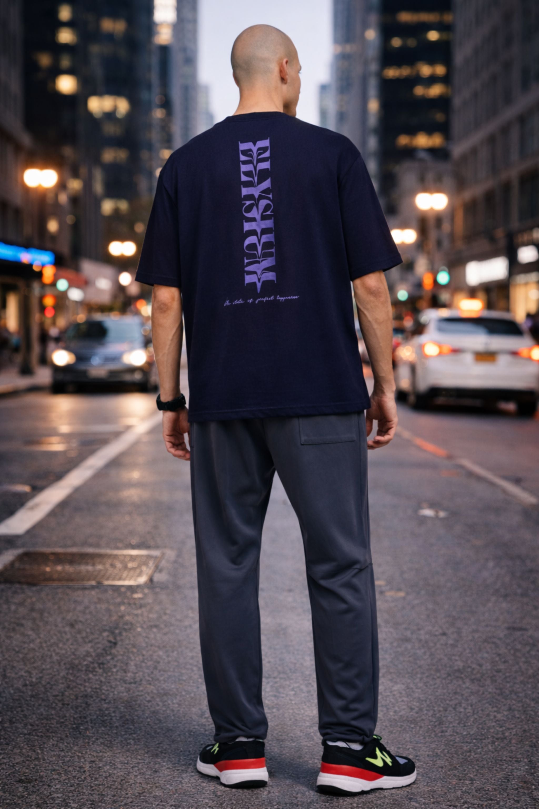 Men Urban Graphic Co-Ord Set with Navy Printed T-Shirt and Charcoal Track Pants