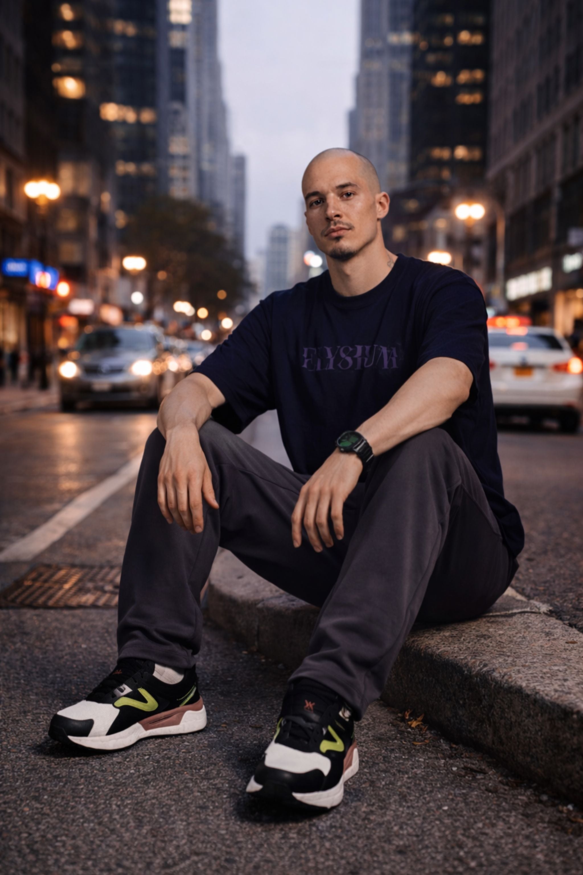Men Urban Graphic Co-Ord Set with Navy Printed T-Shirt and Charcoal Track Pants