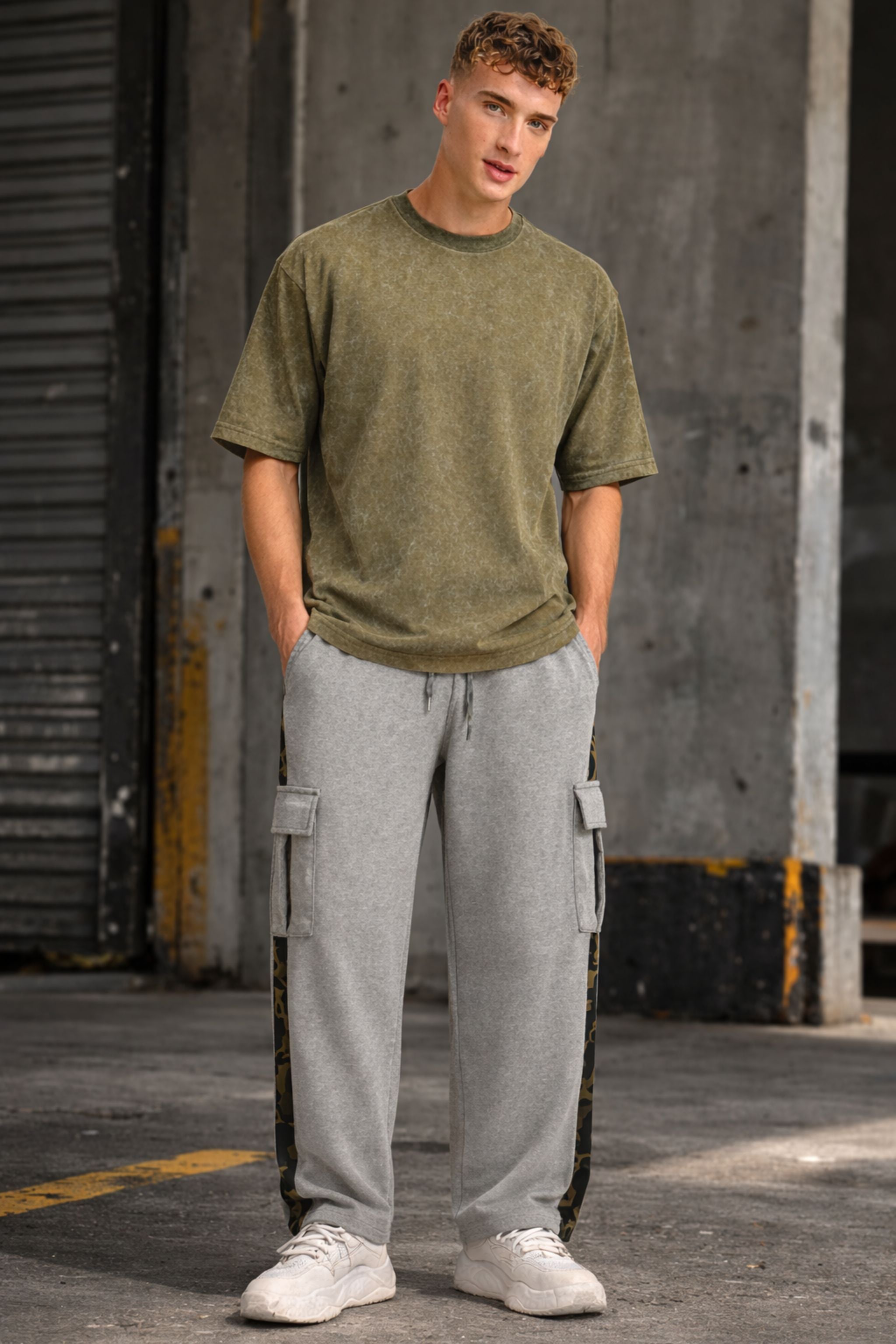 Men Olive Textured T-Shirt with Grey Cargo Joggers Co-Ord Set