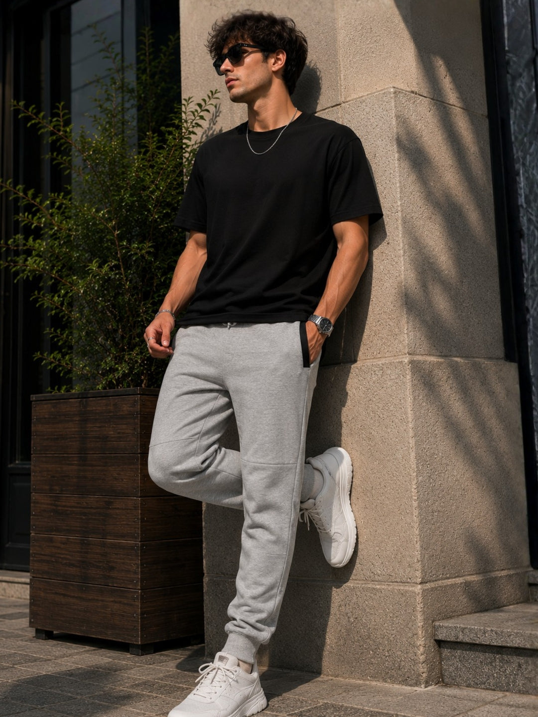 Men's Solid Grey Melange Regular Fit Joggers