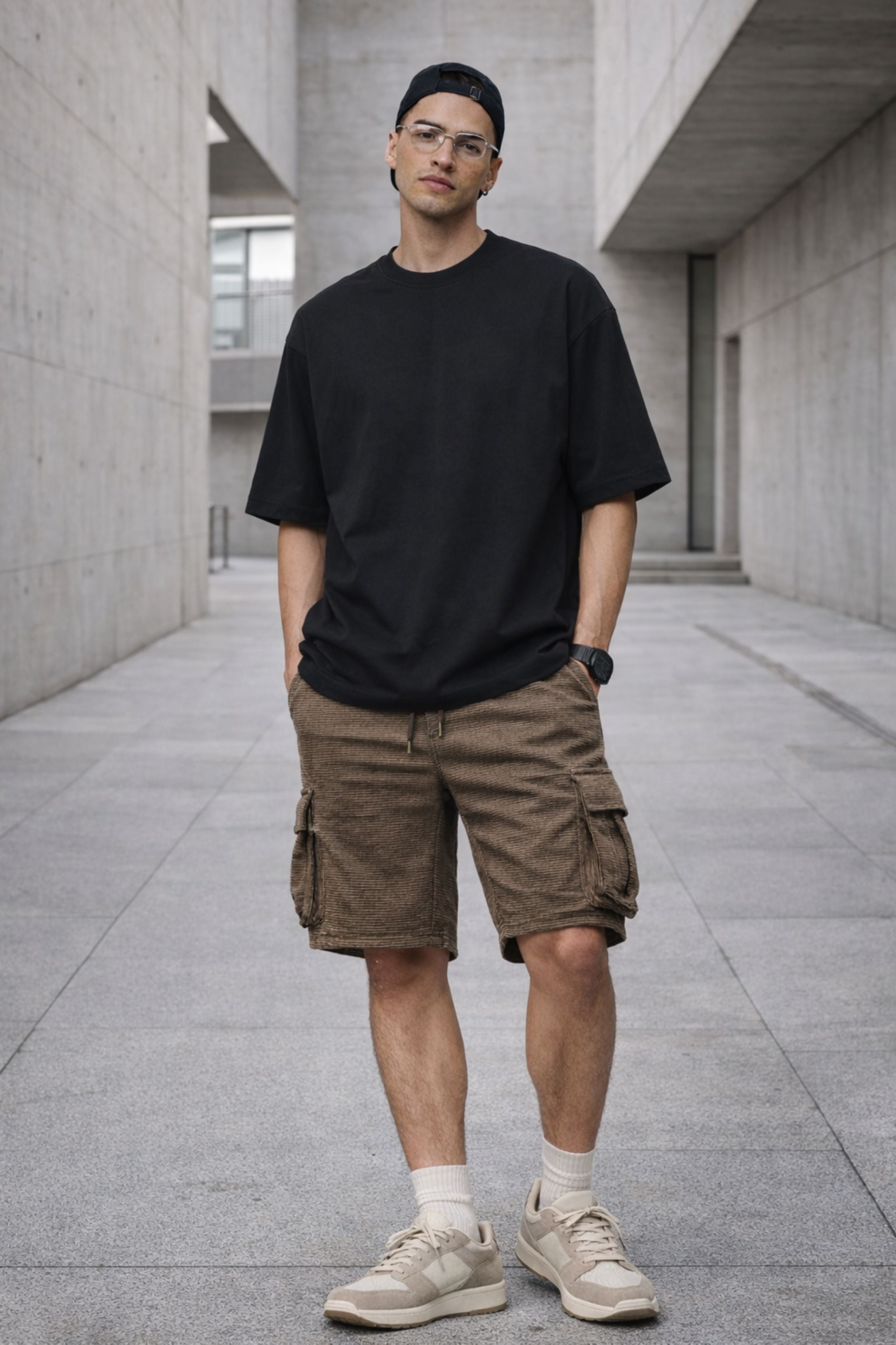 Men Black Oversized T-Shirt & Brown Cargo Shorts Co-Ord Set