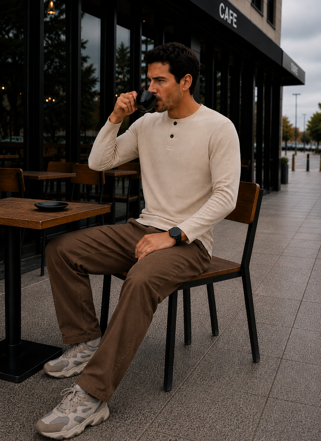 Men's Regular Fit Solid Full Sleeve Beige T- Shirt