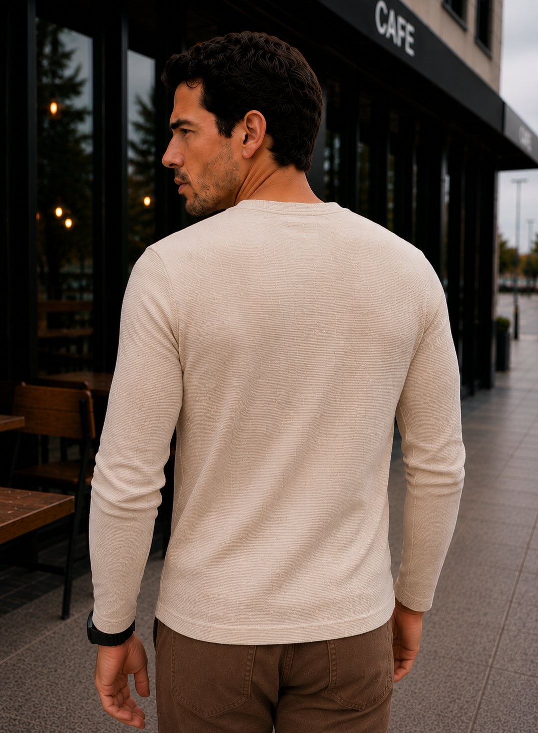 Men's Regular Fit Solid Full Sleeve Beige T- Shirt