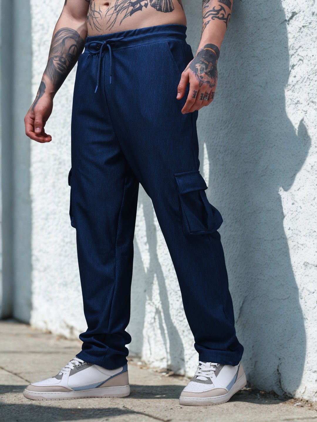 Men's Straight Fit Blue Cargo Trousers