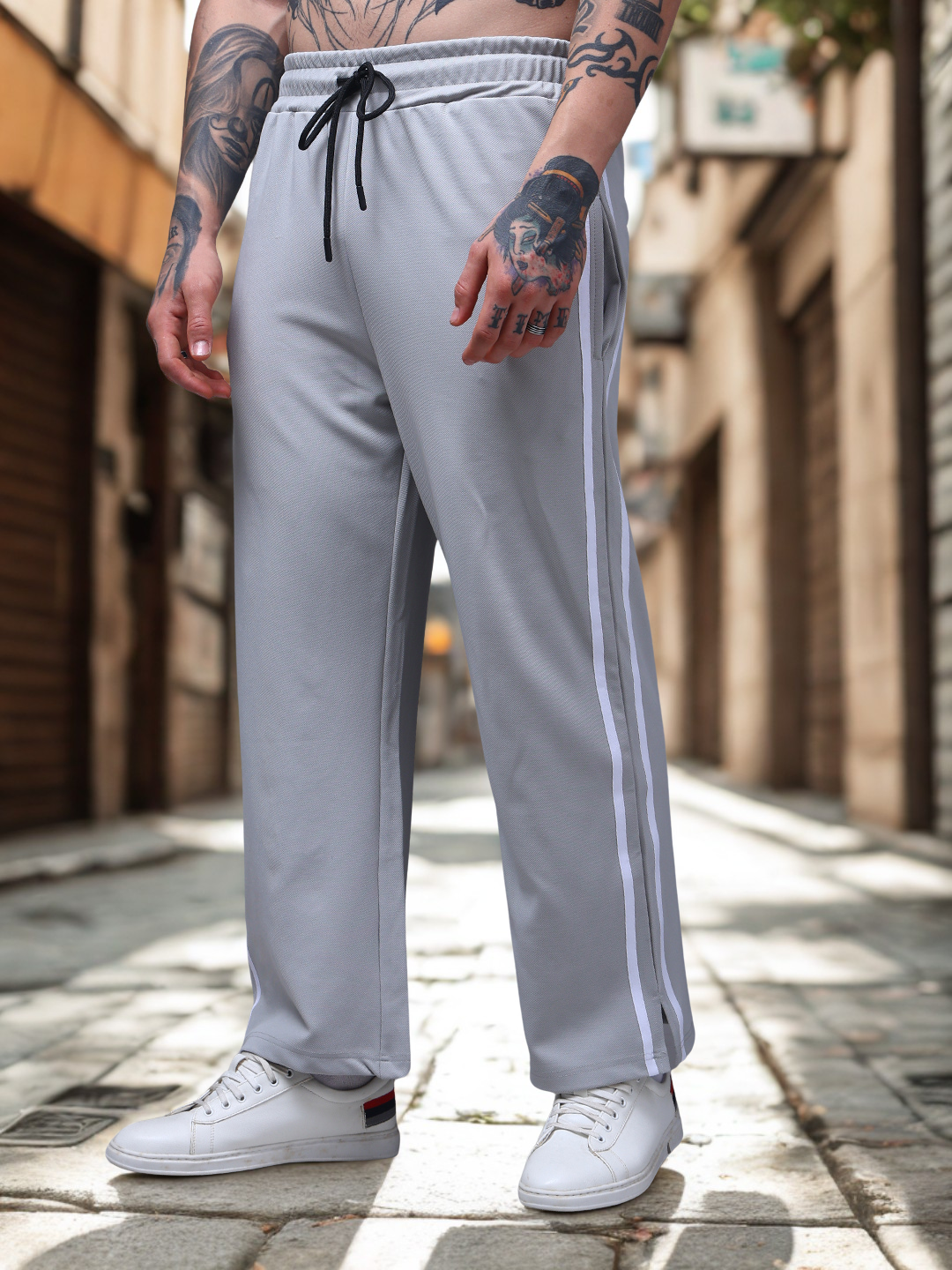 Men's Loose Fit Ice silver Side Tape TrackPants