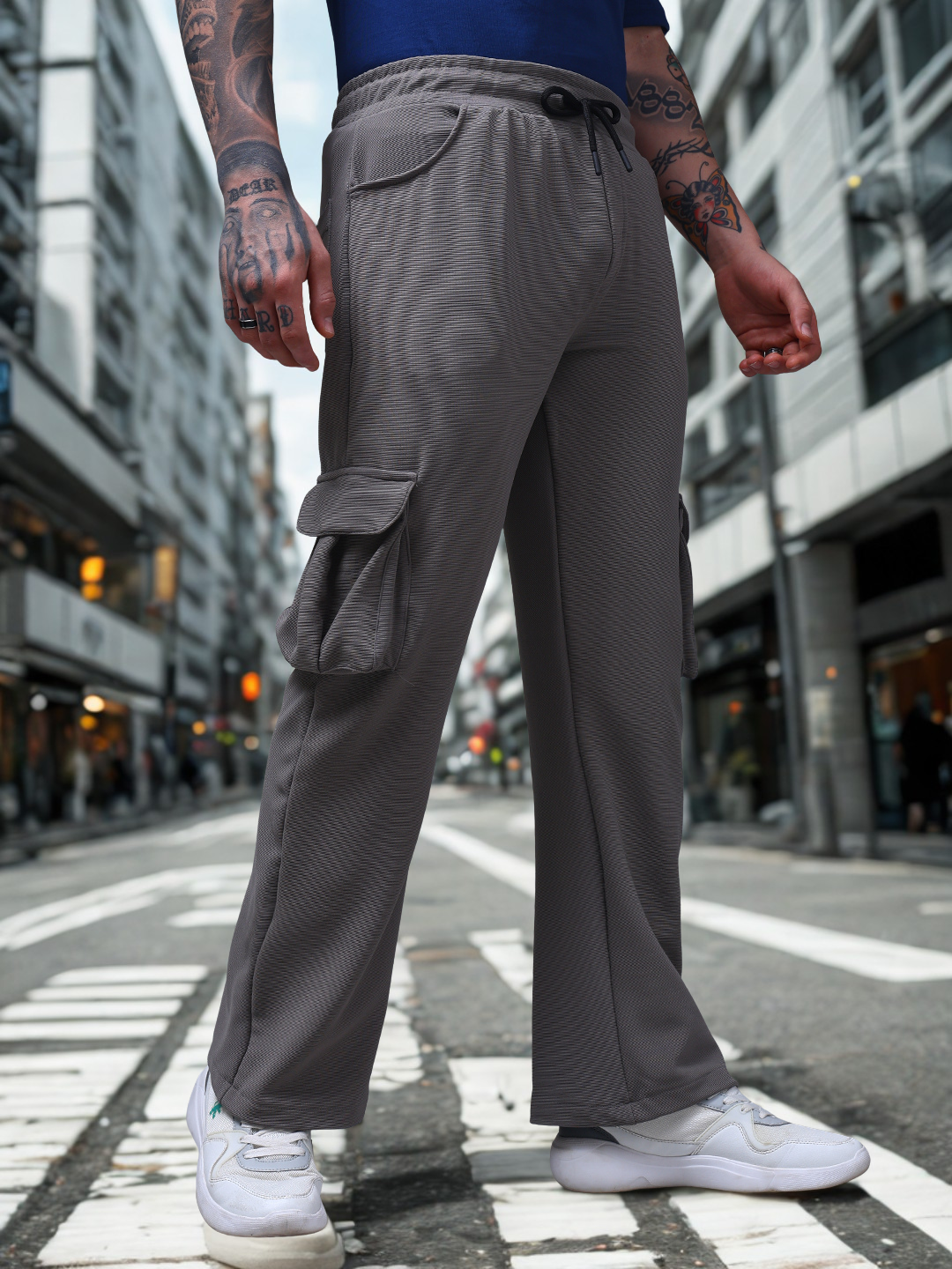 Men's Solid Light Grey Wide Leg Cargo Pants