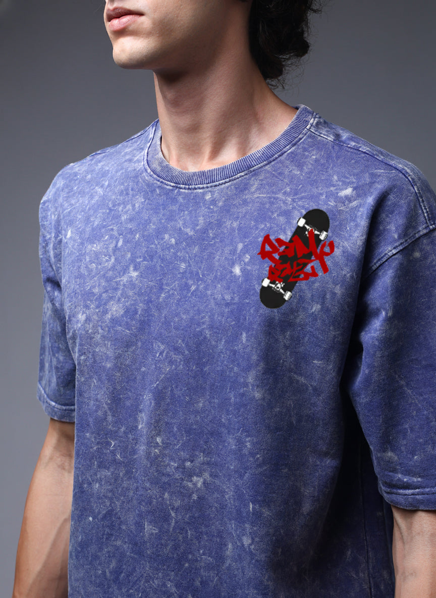Acid Wash Blue Oversized T-Shirt with Skateboard Graphic