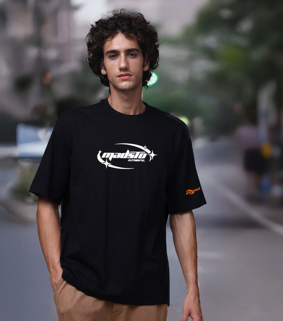 Men Black Oversized Graphic Print Cotton T-Shirt