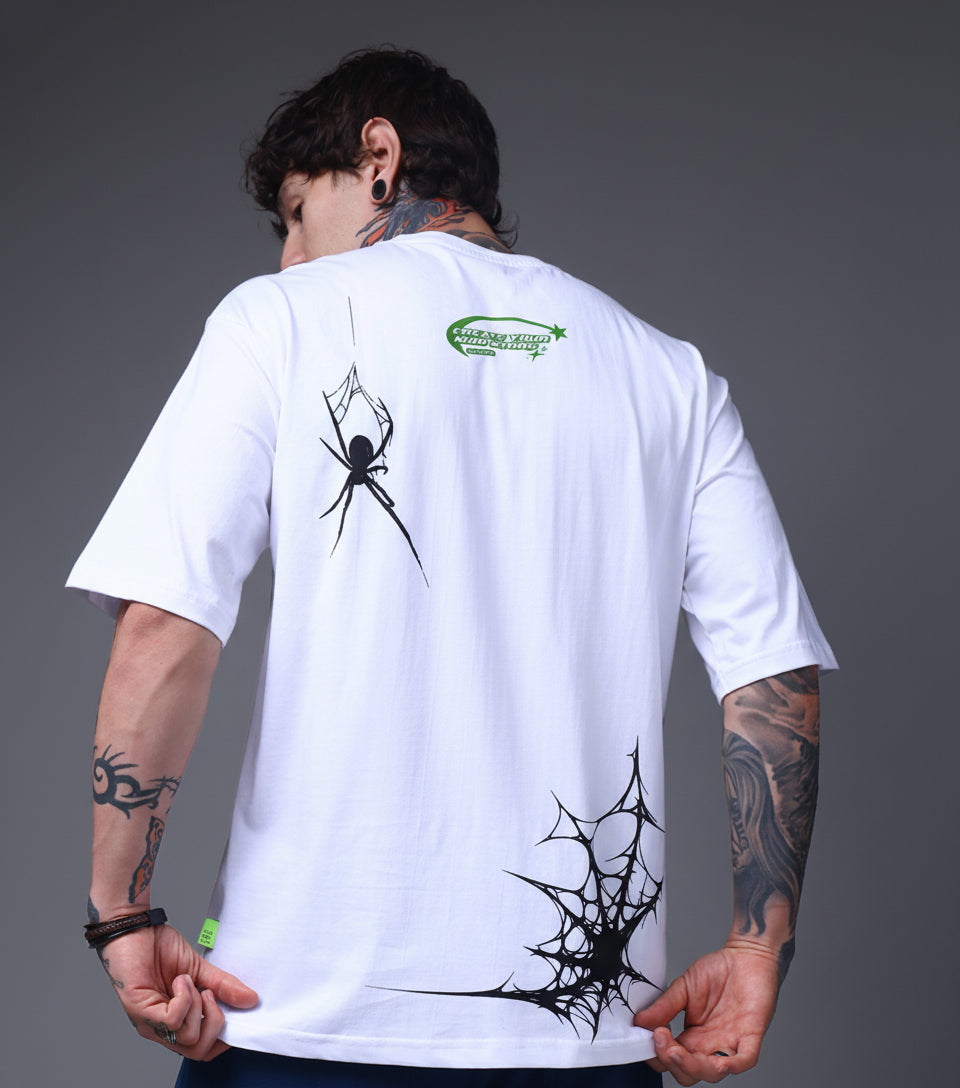 Men’s White Spider Web Graphic Oversized T-Shirt