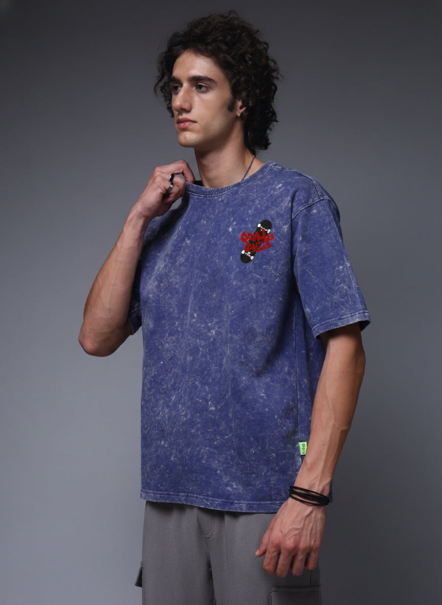 Acid Wash Blue Oversized T-Shirt with Skateboard Graphic