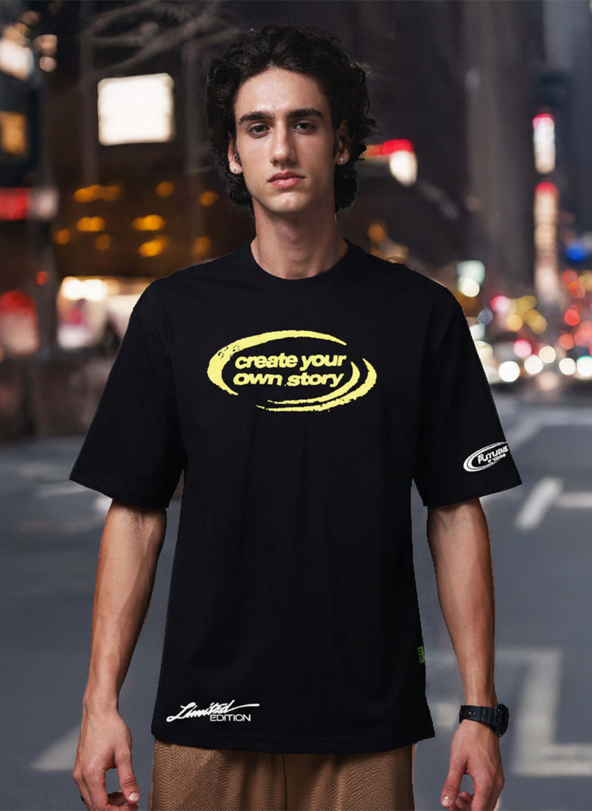 Men Black Oversized Graphic Print Cotton T-Shirt