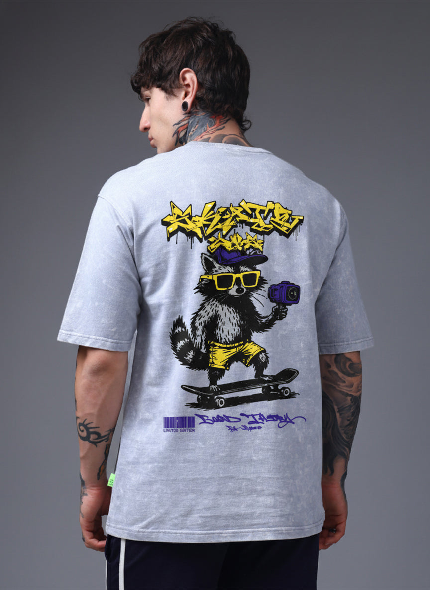 Grey Acid Wash Oversized T-Shirt with Street Graphic Print