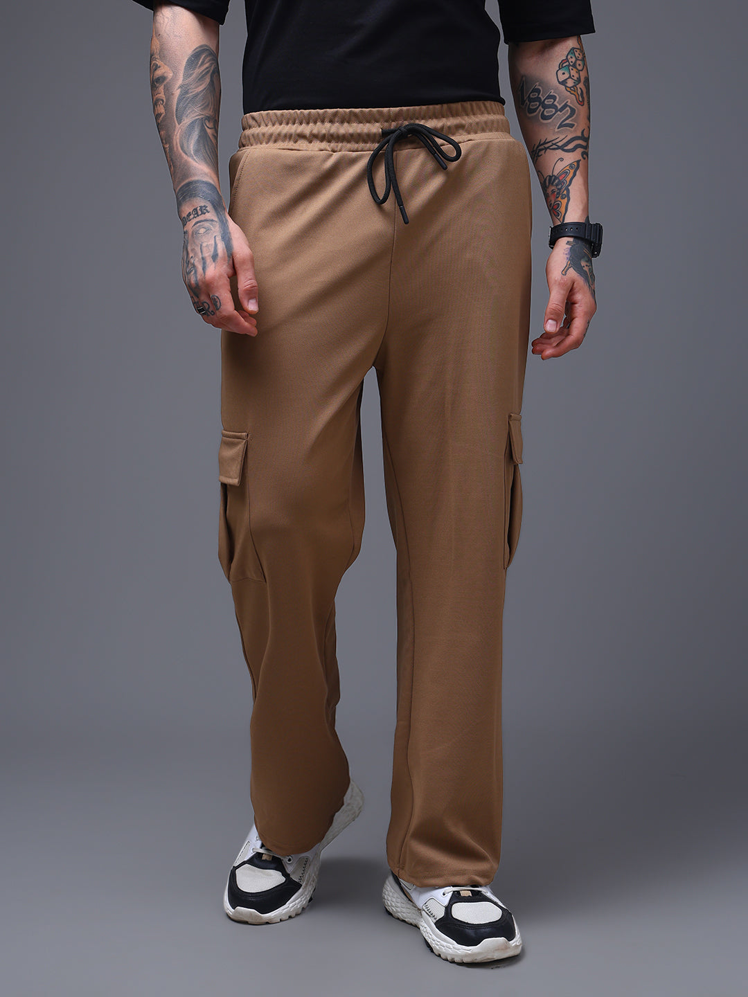 Men's Solid Brown Loose Fit Cargo Pants