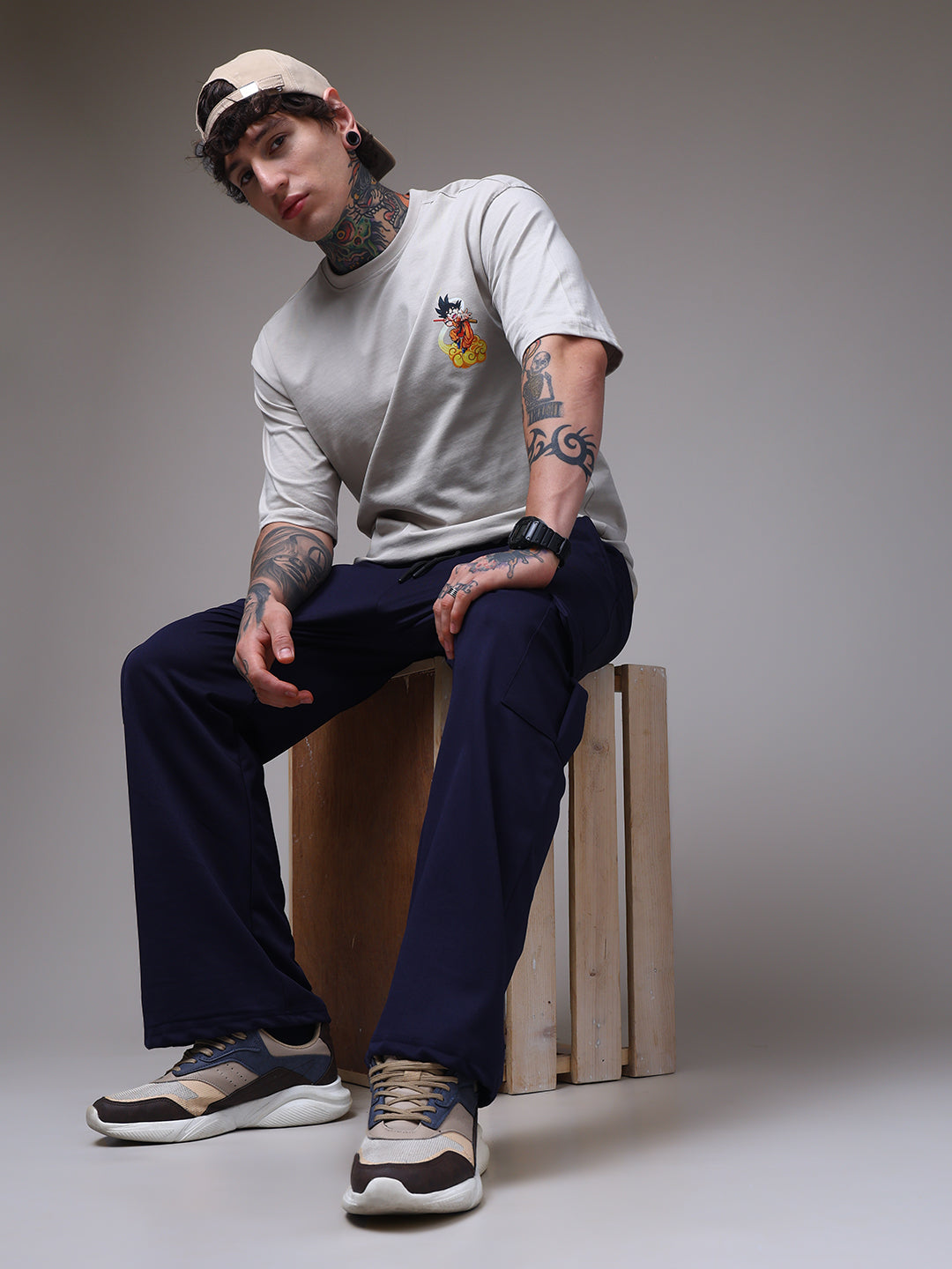 Men's Oversized Backprint Anime Beige Tshirt