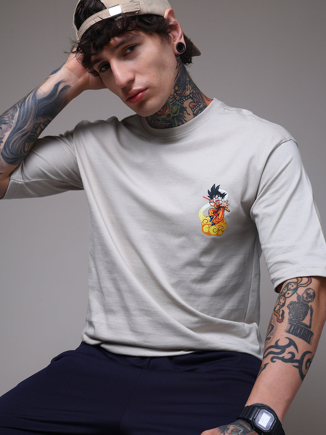 Men's Oversized Backprint Anime Beige Tshirt