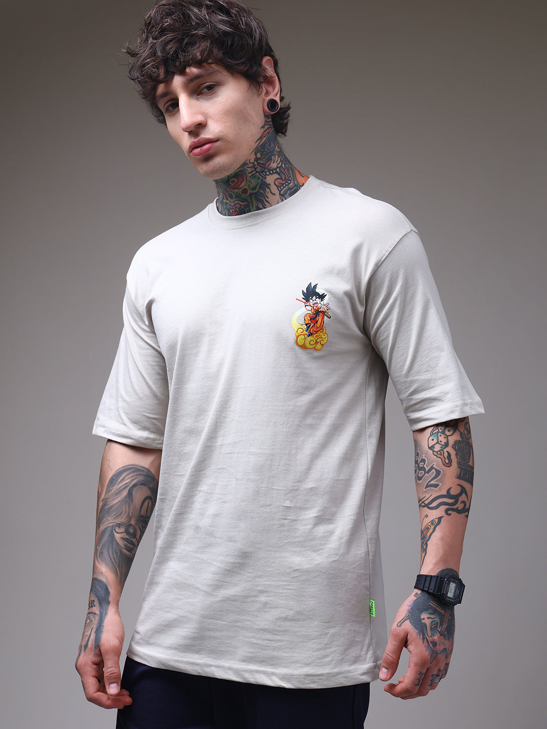 Men's Oversized Backprint Anime Beige Tshirt