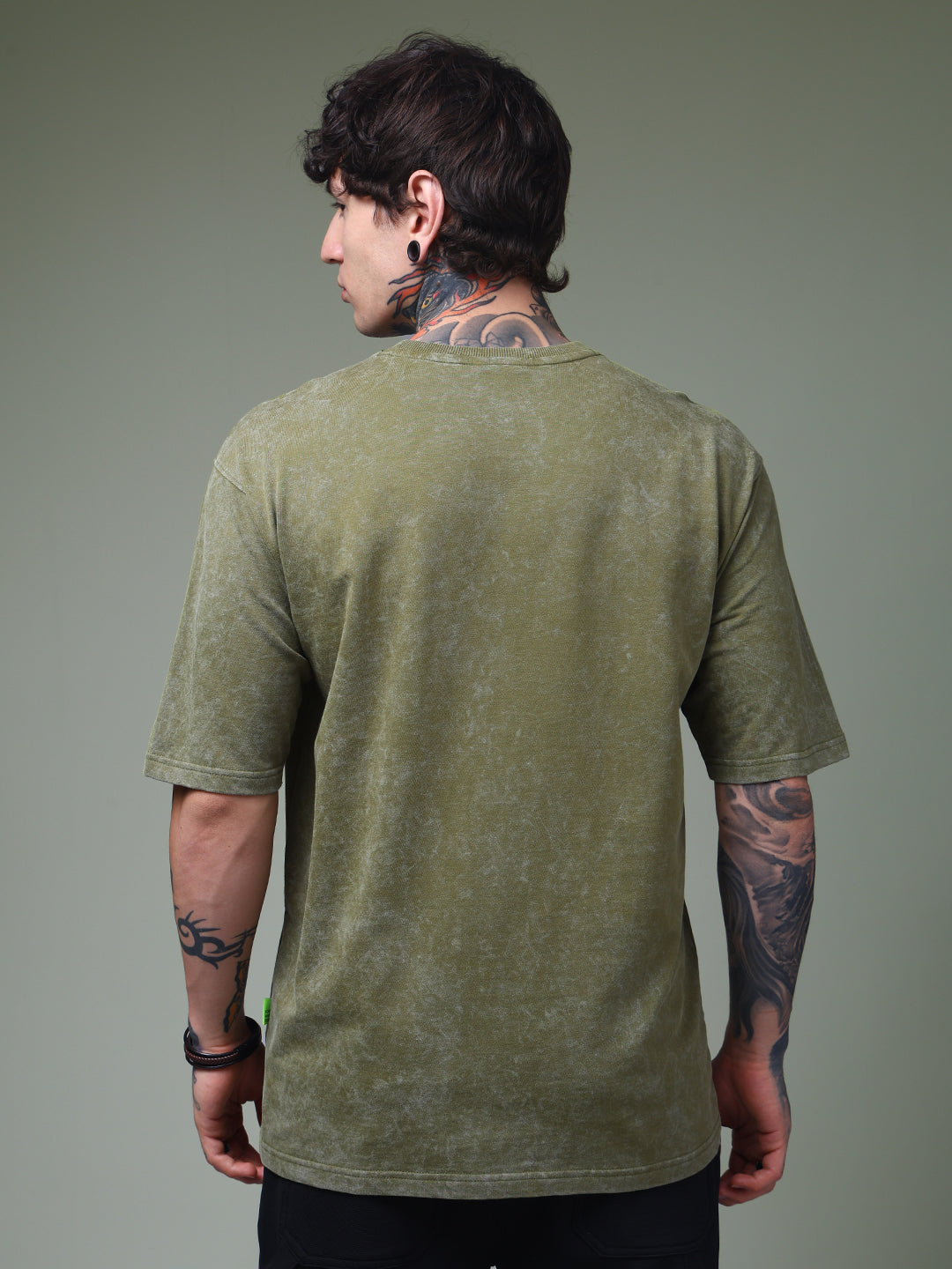 Men's Oversized Acid Washed Solid Olive Tshirt