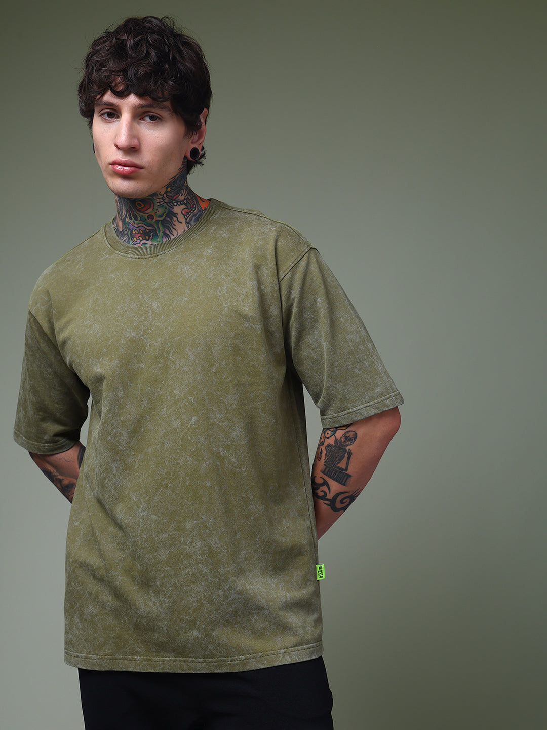 Men's Oversized Acid Washed Solid Olive Tshirt