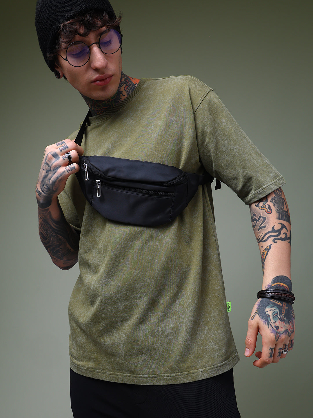 Men's Oversized Acid Washed Solid Olive Tshirt