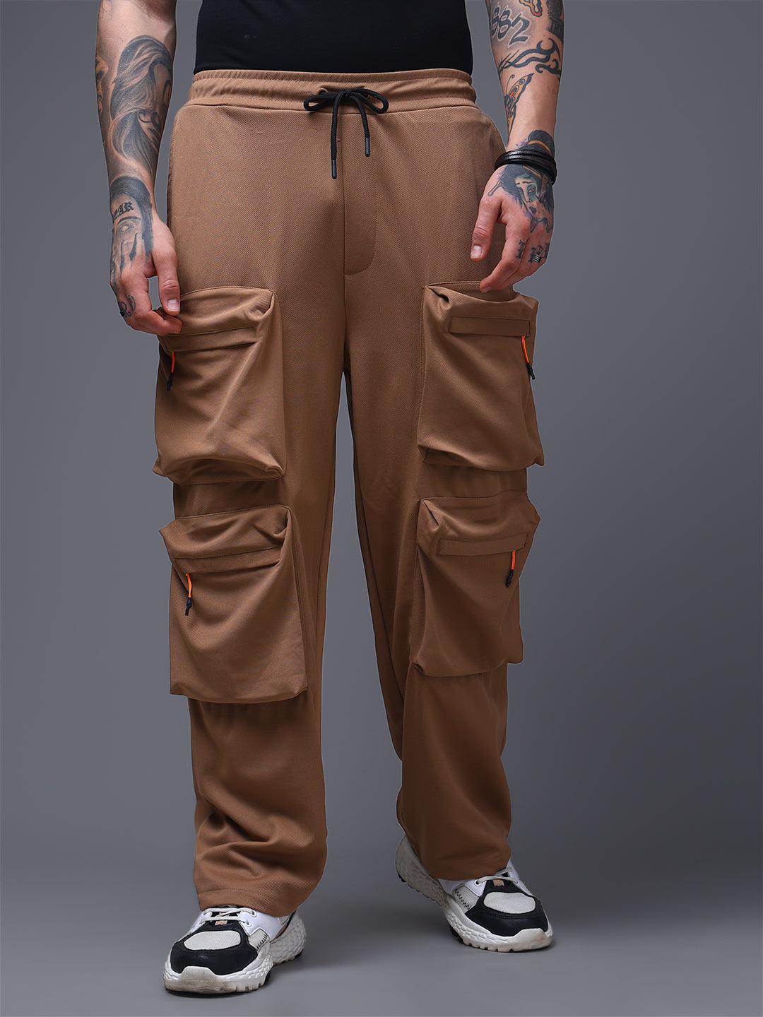 Men's Solid Brown Multiple Pocket Pants